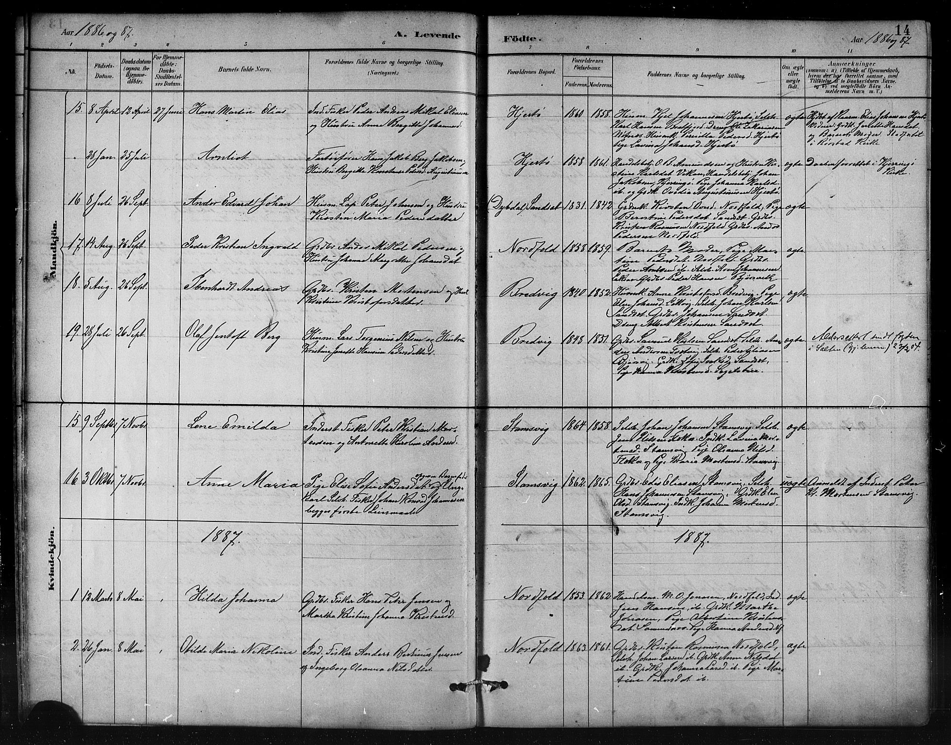 Ministerialprotokoller, klokkerbøker og fødselsregistre - Nordland, AV/SAT-A-1459/858/L0831: Parish register (official) no. 858A01, 1884-1902, p. 14