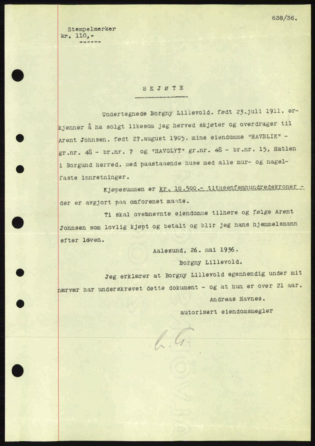 Nordre Sunnmøre sorenskriveri, AV/SAT-A-0006/1/2/2C/2Ca: Mortgage book no. A1, 1936-1936, Diary no: : 638/1936