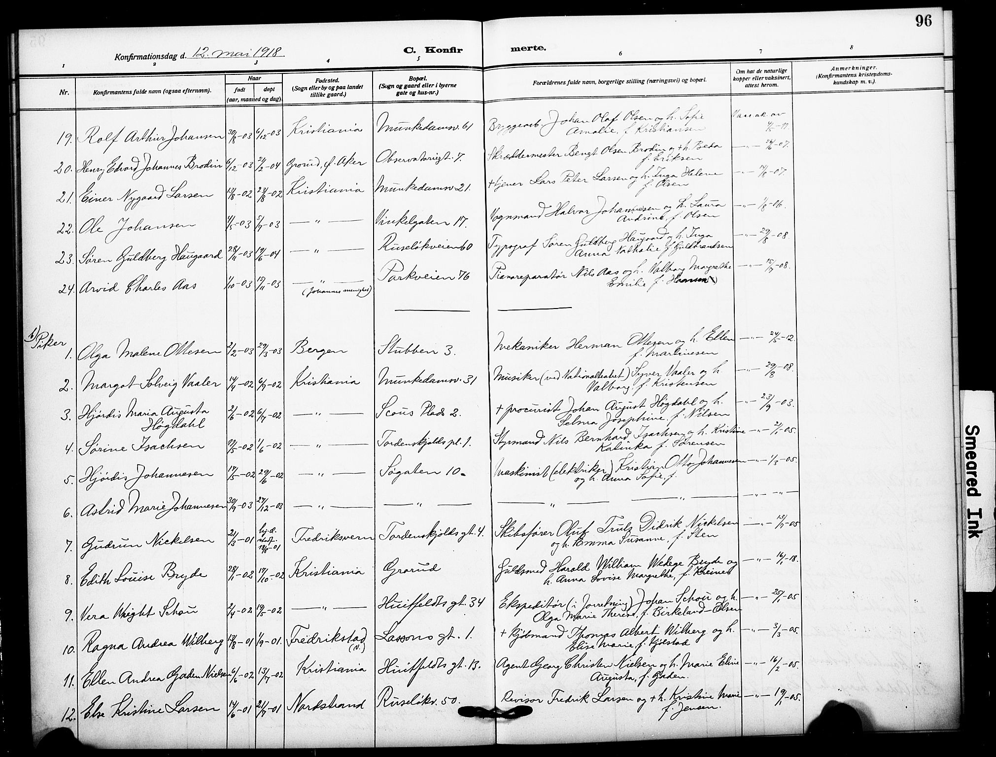 Johannes prestekontor Kirkebøker, AV/SAO-A-10852/F/Fa/L0011: Parish register (official) no. 11, 1908-1921, p. 96