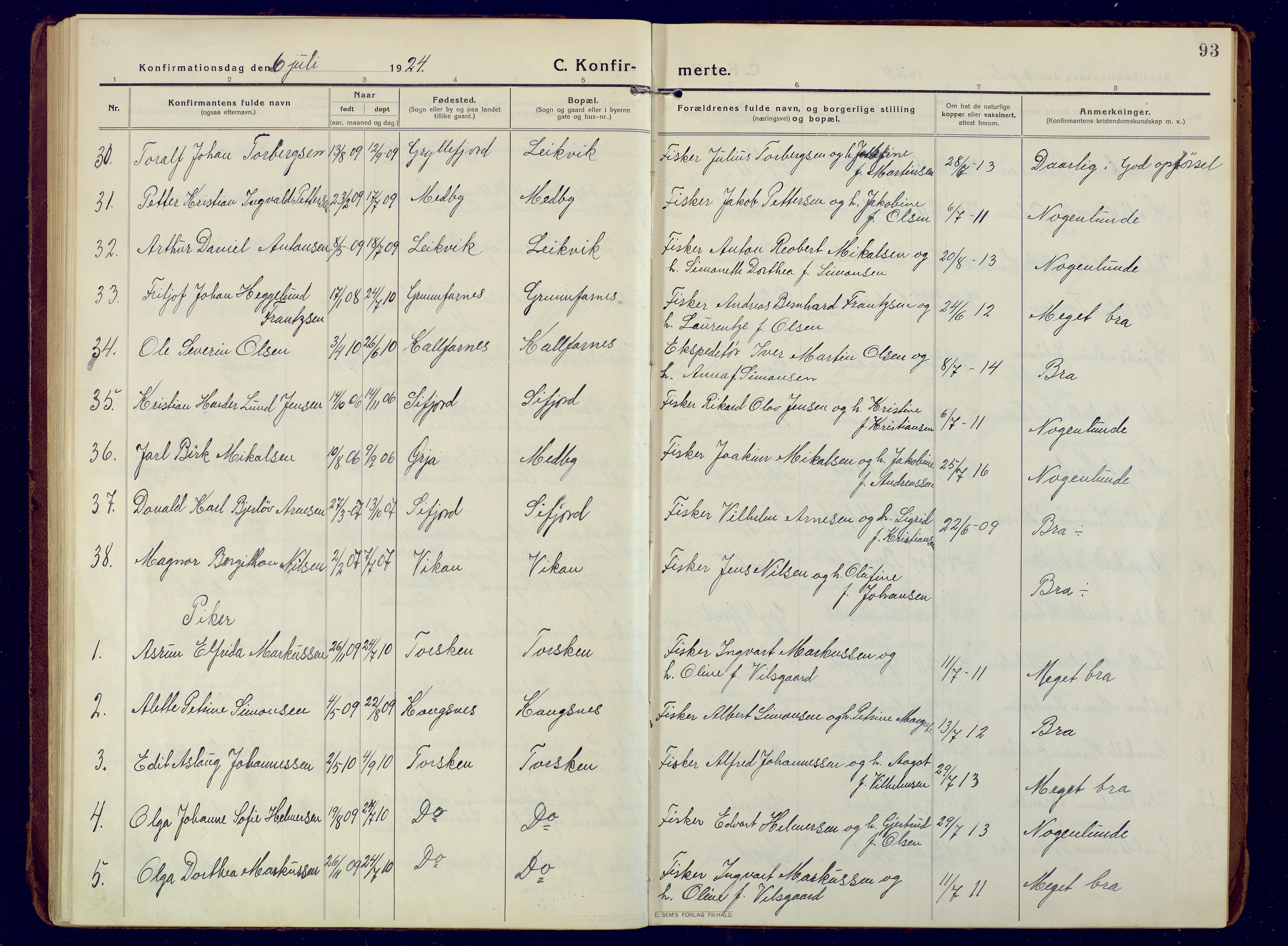 Berg sokneprestkontor, AV/SATØ-S-1318/G/Ga/Gaa/L0010kirke: Parish register (official) no. 10, 1916-1928, p. 93