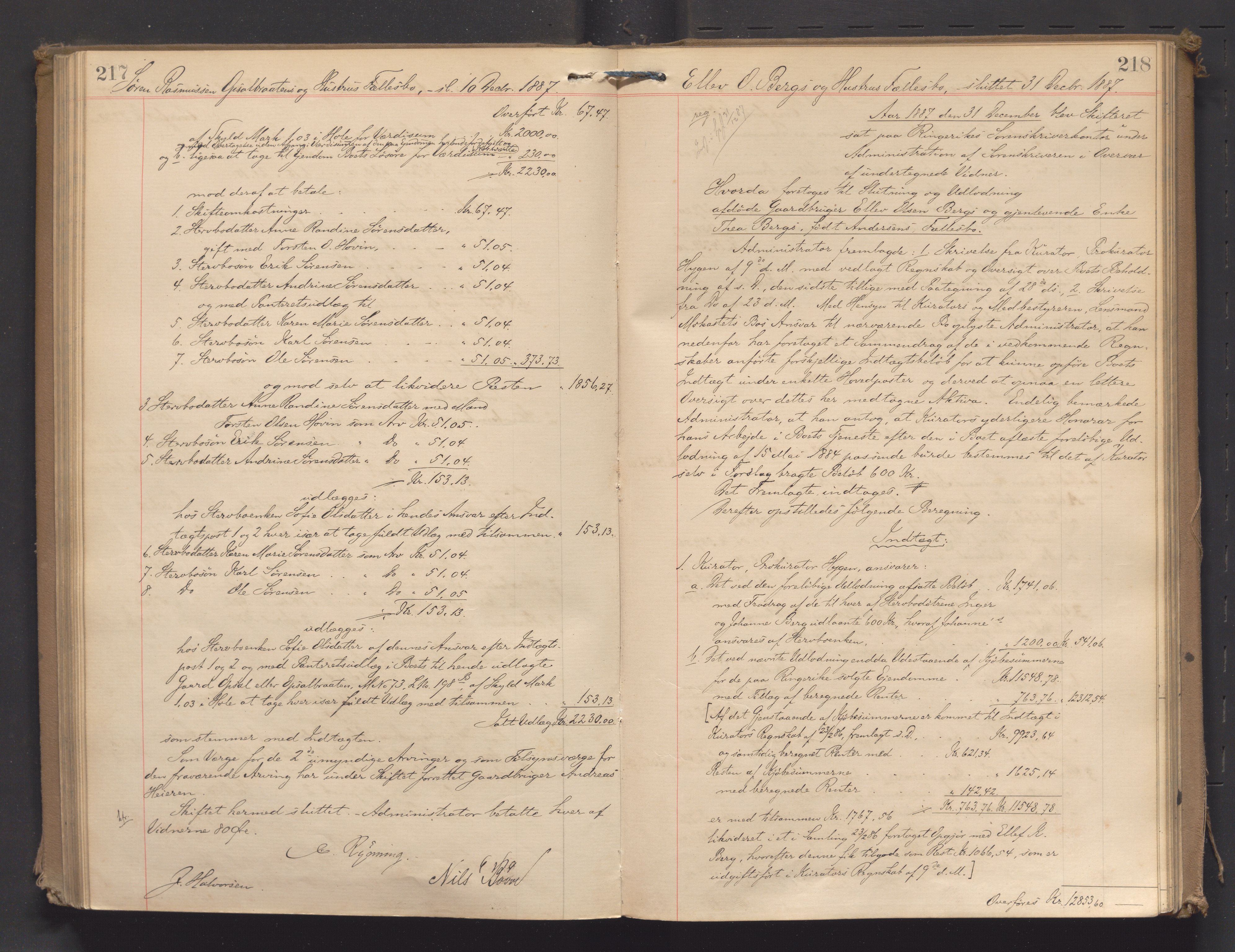 Ringerike sorenskriveri, AV/SAKO-A-105/H/Hb/Hbd/Hbda/L0009: Skifteutlodningsprotokoll, 1883-1889, p. 217-218