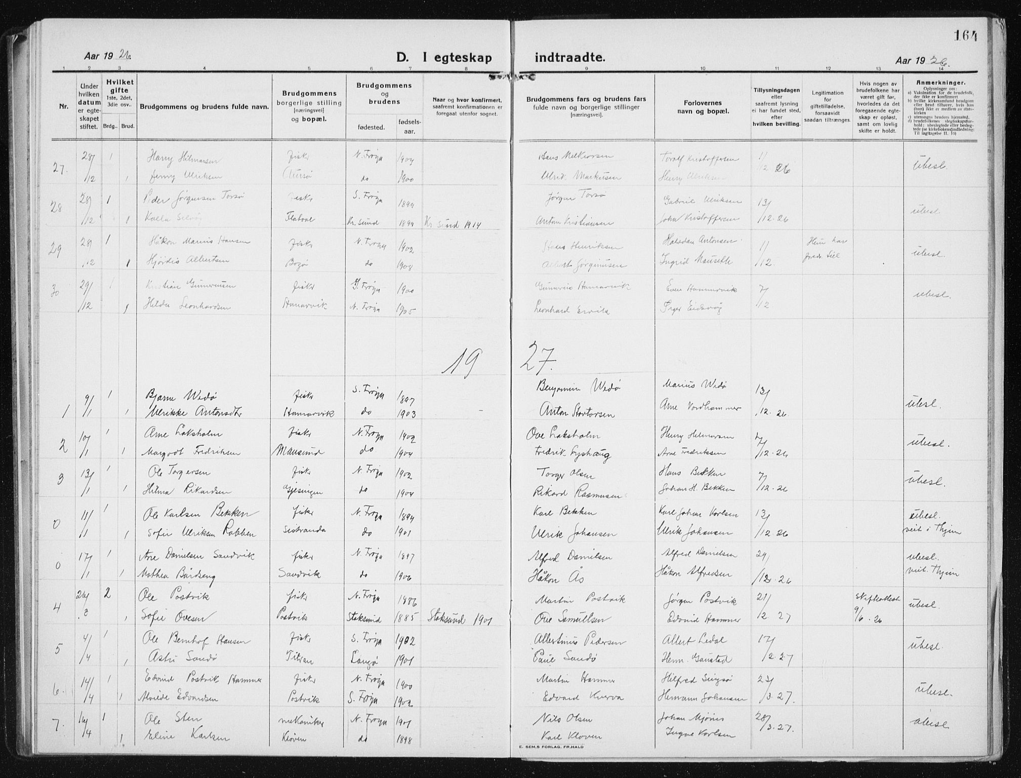 Ministerialprotokoller, klokkerbøker og fødselsregistre - Sør-Trøndelag, SAT/A-1456/640/L0589: Parish register (copy) no. 640C06, 1922-1934, p. 164