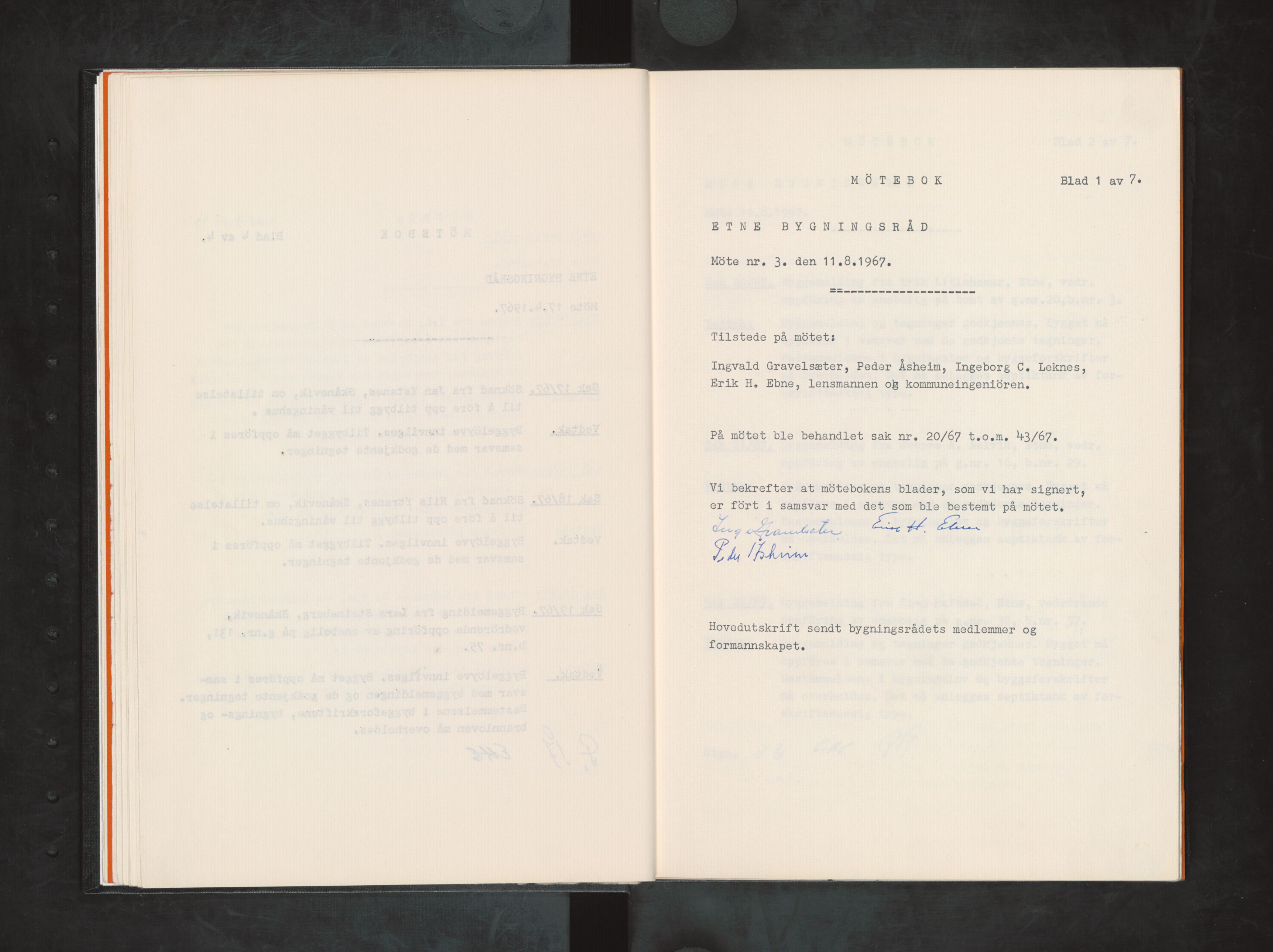 Etne kommune. Bygningsrådet, IKAH/1211-511/A/Aa/L0002: Møtebok Etne bygningsråd, 1967-1970
