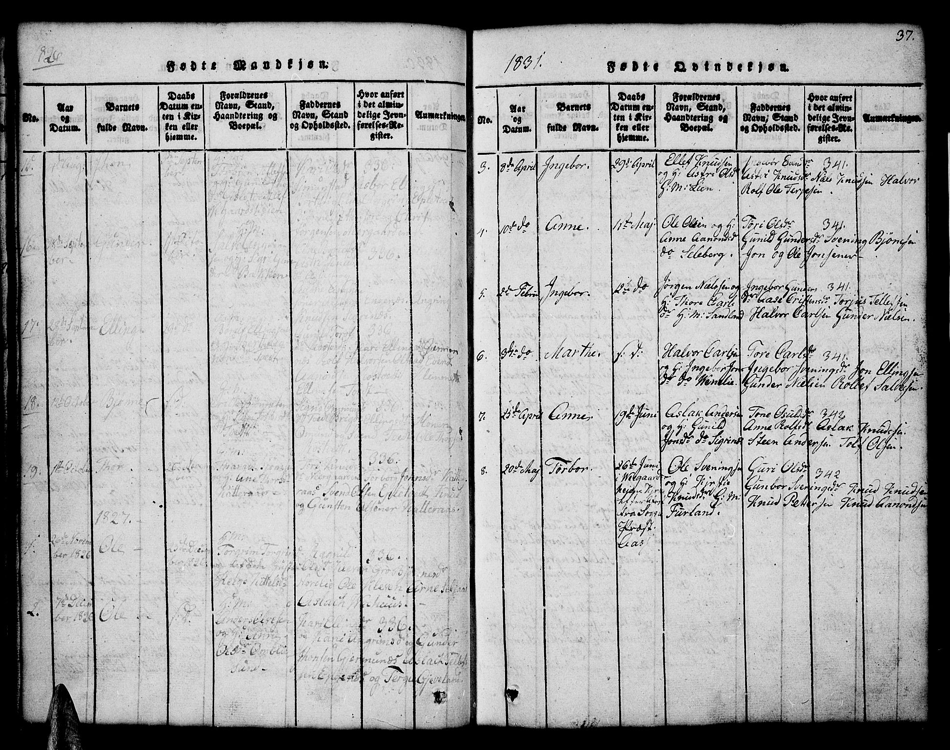 Åmli sokneprestkontor, SAK/1111-0050/F/Fb/Fbc/L0001: Parish register (copy) no. B 1, 1816-1867, p. 37