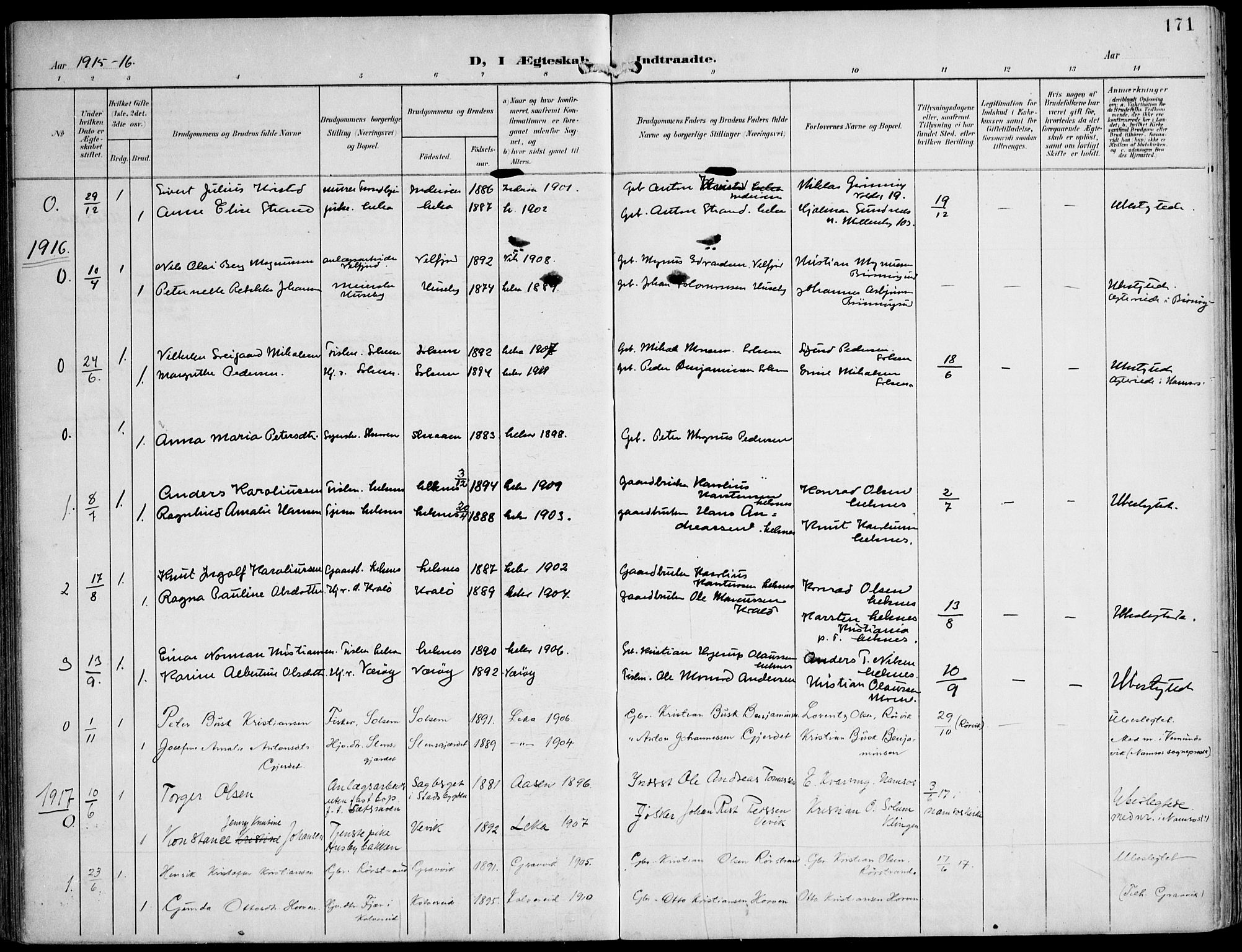 Ministerialprotokoller, klokkerbøker og fødselsregistre - Nord-Trøndelag, AV/SAT-A-1458/788/L0698: Parish register (official) no. 788A05, 1902-1921, p. 171