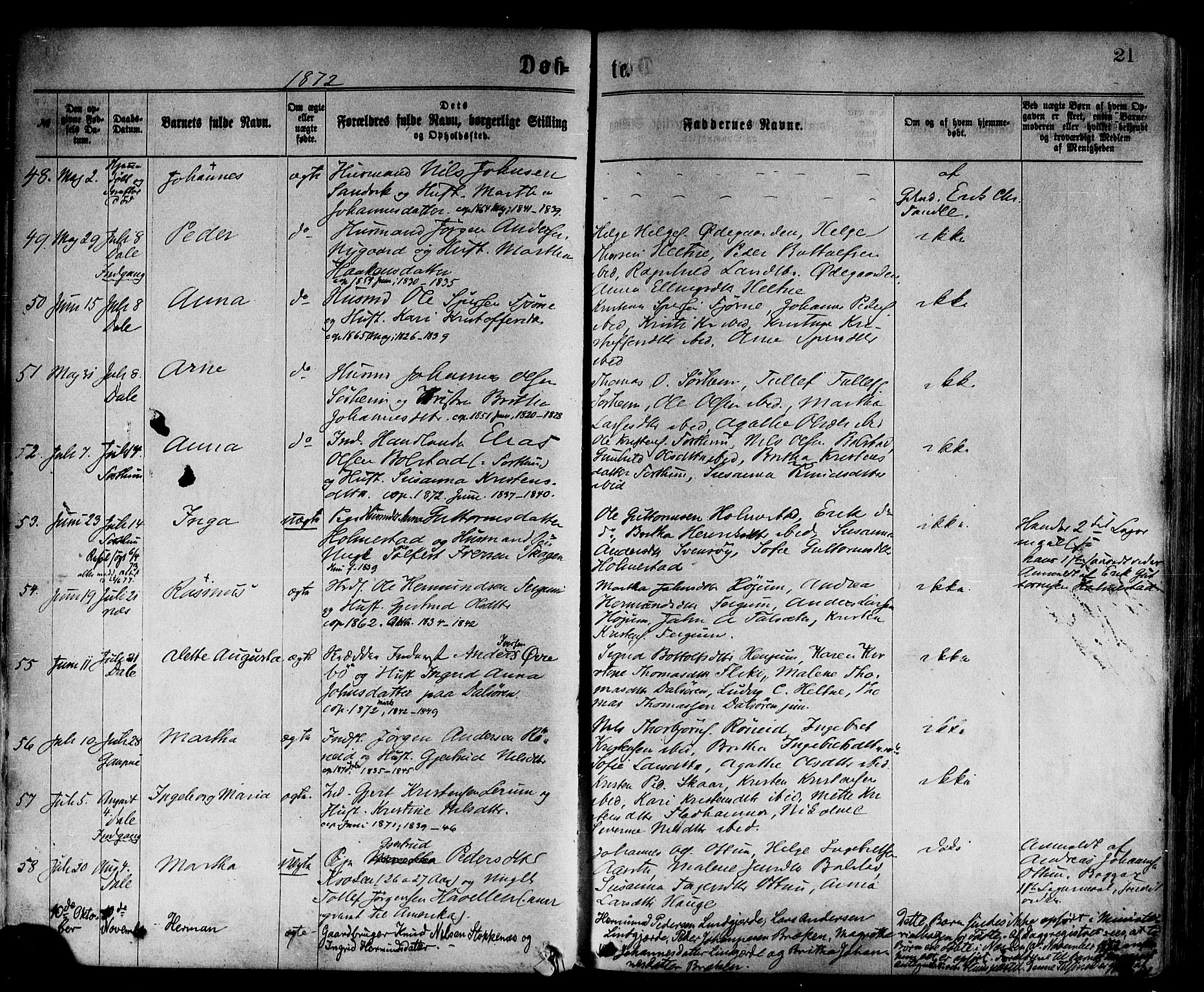 Luster sokneprestembete, AV/SAB-A-81101/H/Haa/Haaa/L0010: Parish register (official) no. A 10, 1871-1886, p. 21