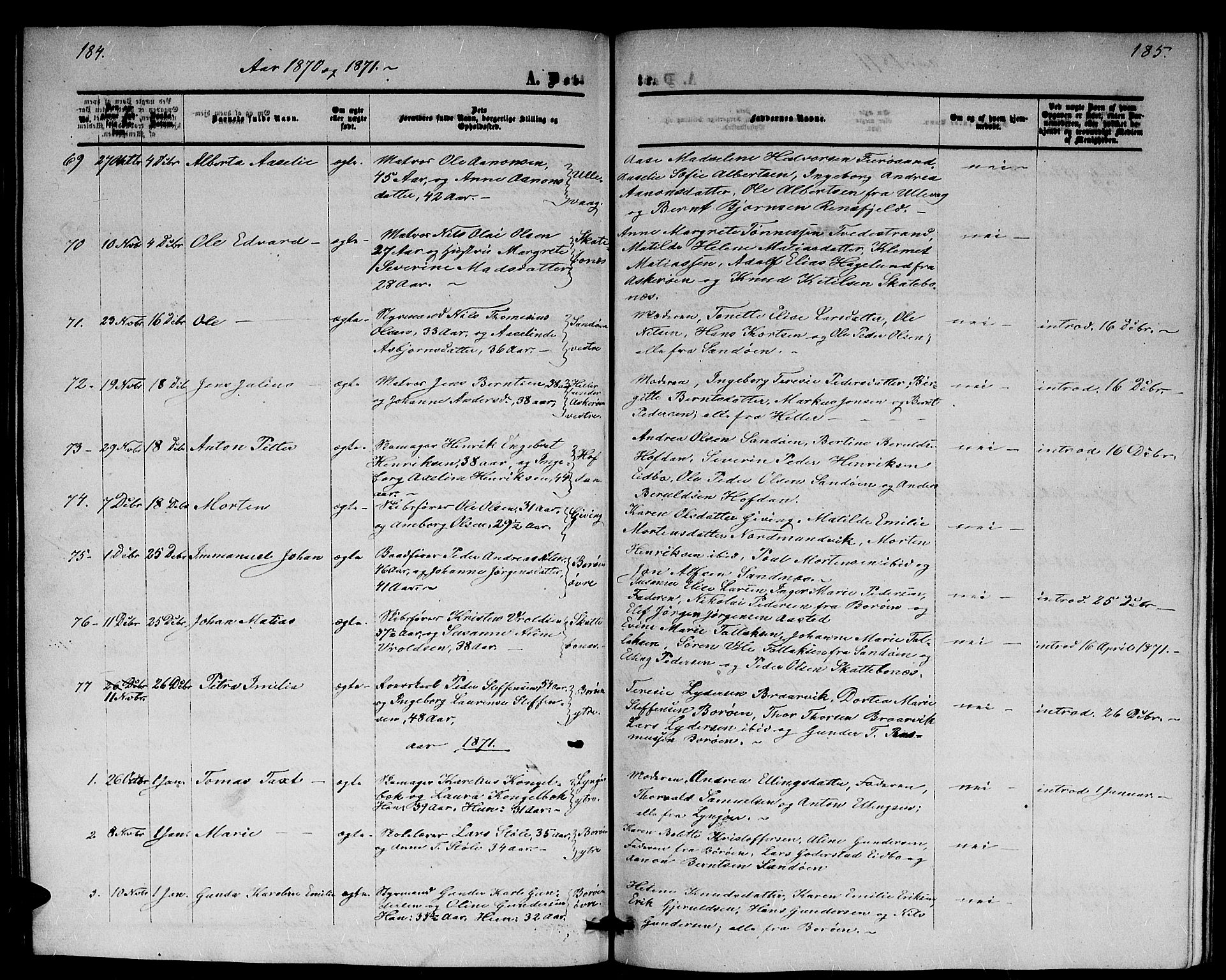 Dypvåg sokneprestkontor, SAK/1111-0007/F/Fb/Fba/L0011: Parish register (copy) no. B 11, 1857-1872, p. 184-185