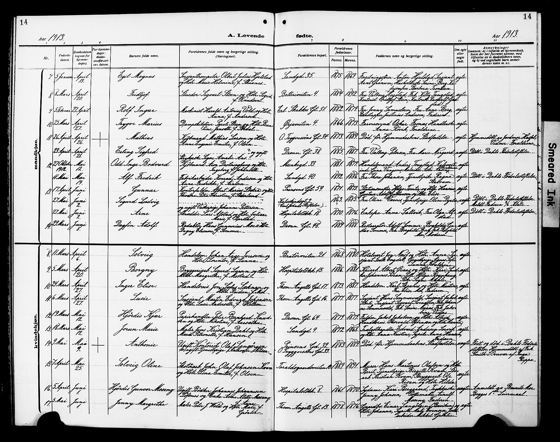 Ministerialprotokoller, klokkerbøker og fødselsregistre - Sør-Trøndelag, SAT/A-1456/602/L0147: Parish register (copy) no. 602C15, 1911-1924, p. 14