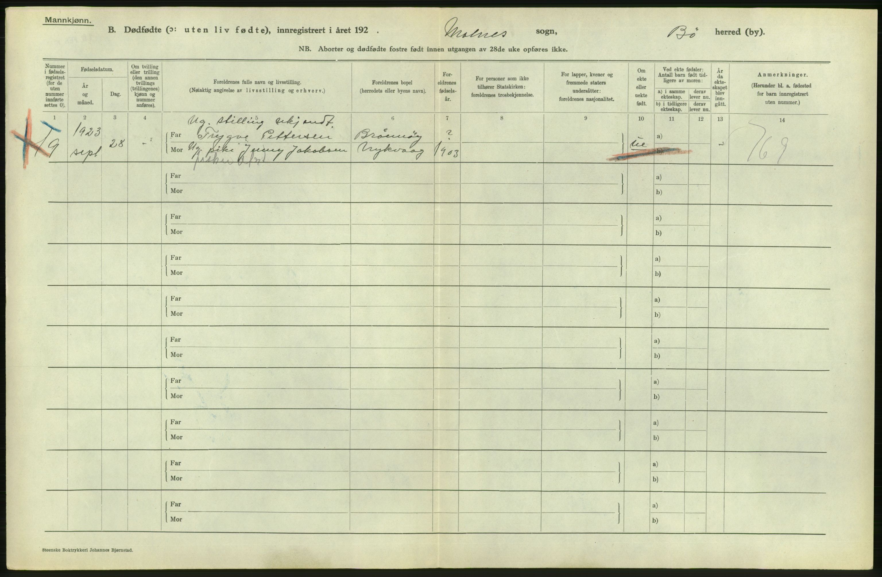 Statistisk sentralbyrå, Sosiodemografiske emner, Befolkning, AV/RA-S-2228/D/Df/Dfc/Dfcc/L0042: Nordland fylke: Levendefødte menn og kvinner. Byer. Samt gifte, dødfødte. Bygder og byer., 1923, p. 494