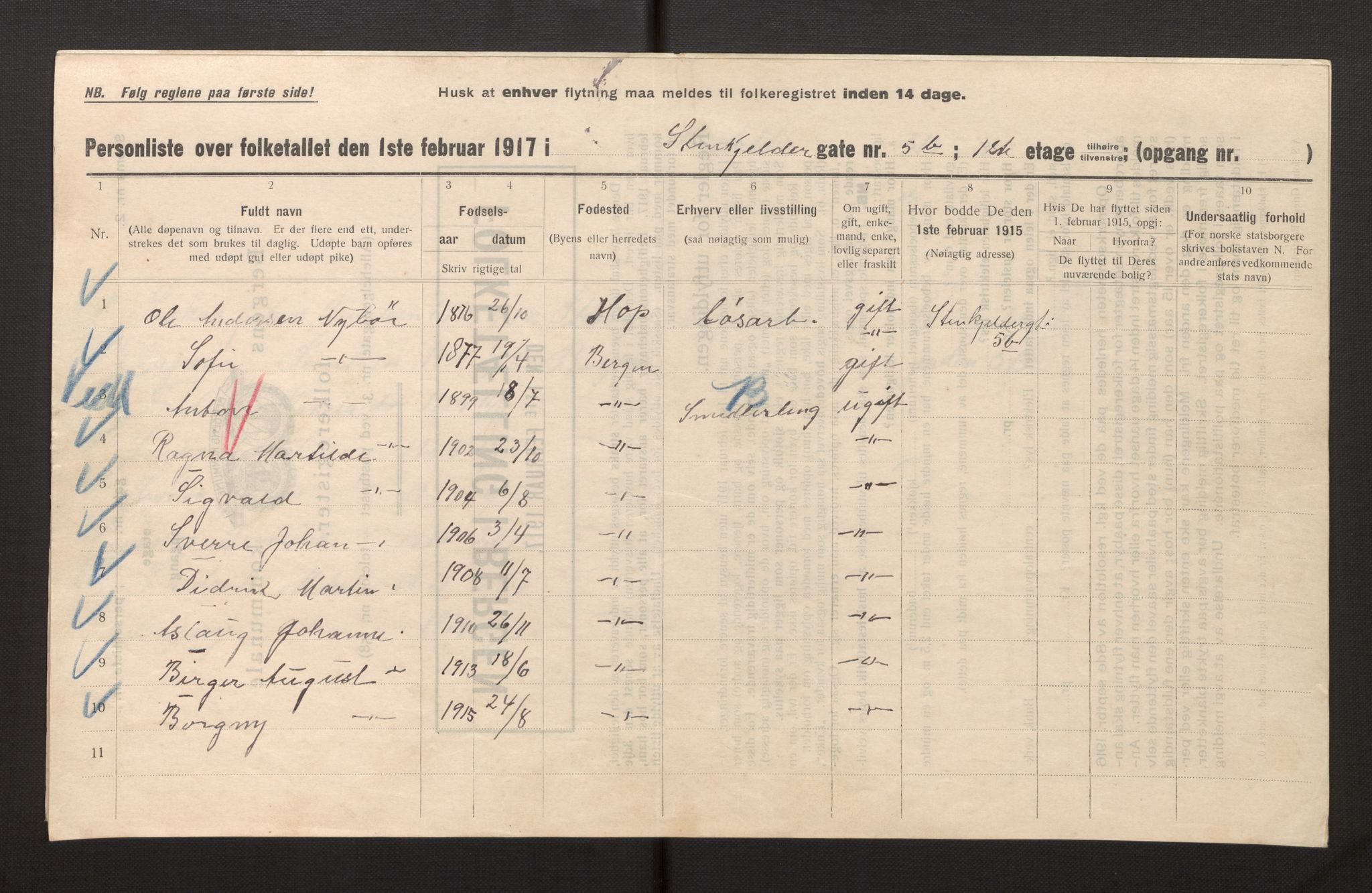 SAB, Municipal Census 1917 for Bergen, 1917, p. 37114