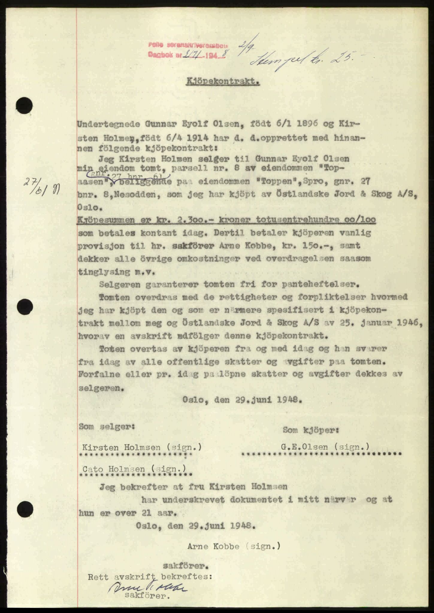 Follo sorenskriveri, SAO/A-10274/G/Ga/Gaa/L0085: Mortgage book no. I 85, 1948-1948, Diary no: : 3171/1948