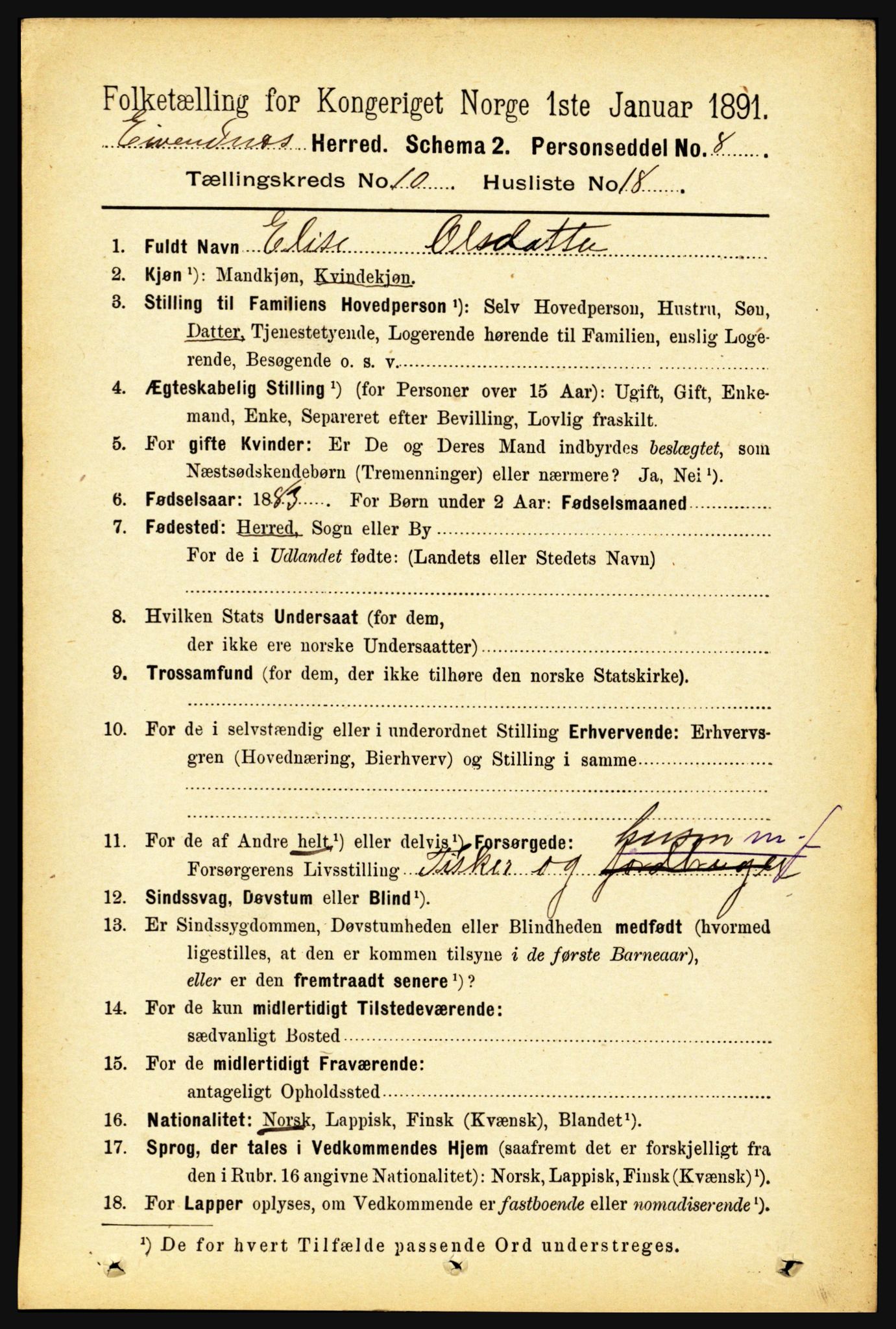 RA, 1891 census for 1853 Evenes, 1891, p. 3269