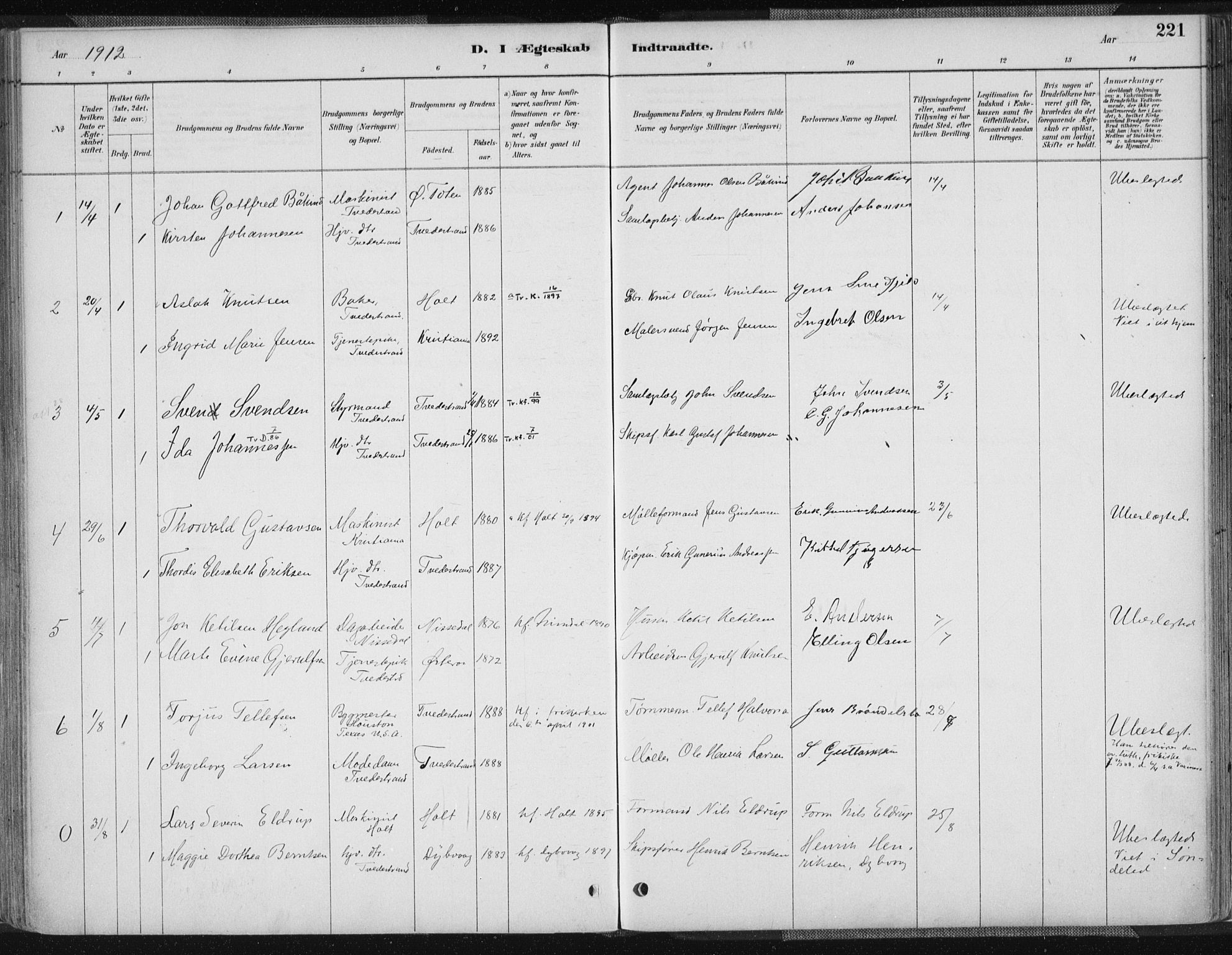 Tvedestrand sokneprestkontor, SAK/1111-0042/F/Fa/L0001: Parish register (official) no. A 1, 1885-1916, p. 221