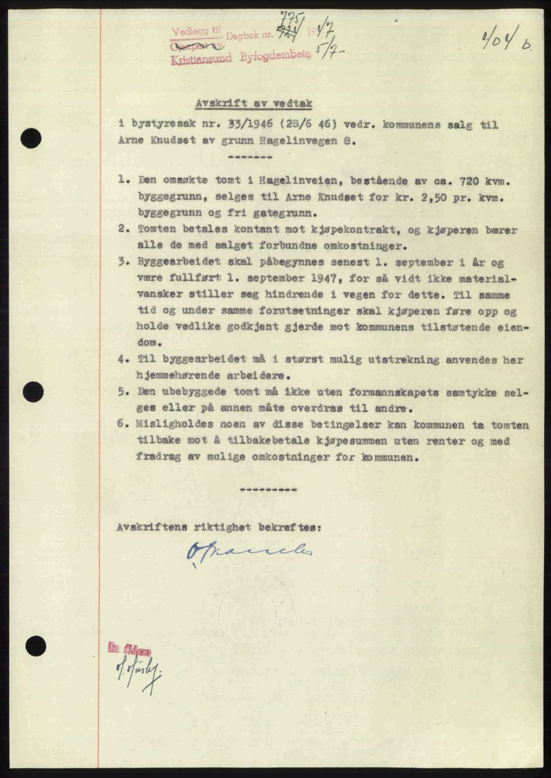 Kristiansund byfogd, AV/SAT-A-4587/A/27: Mortgage book no. 39b, 1946-1947, Diary no: : 775/1947
