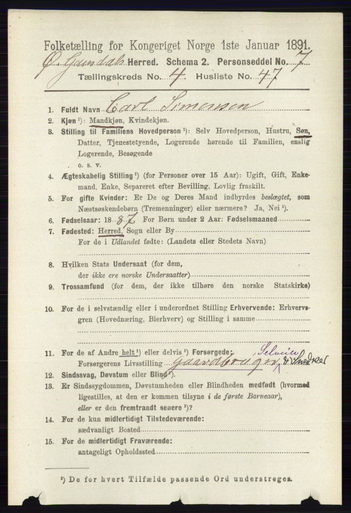 RA, 1891 census for 0522 Østre Gausdal, 1891, p. 2813