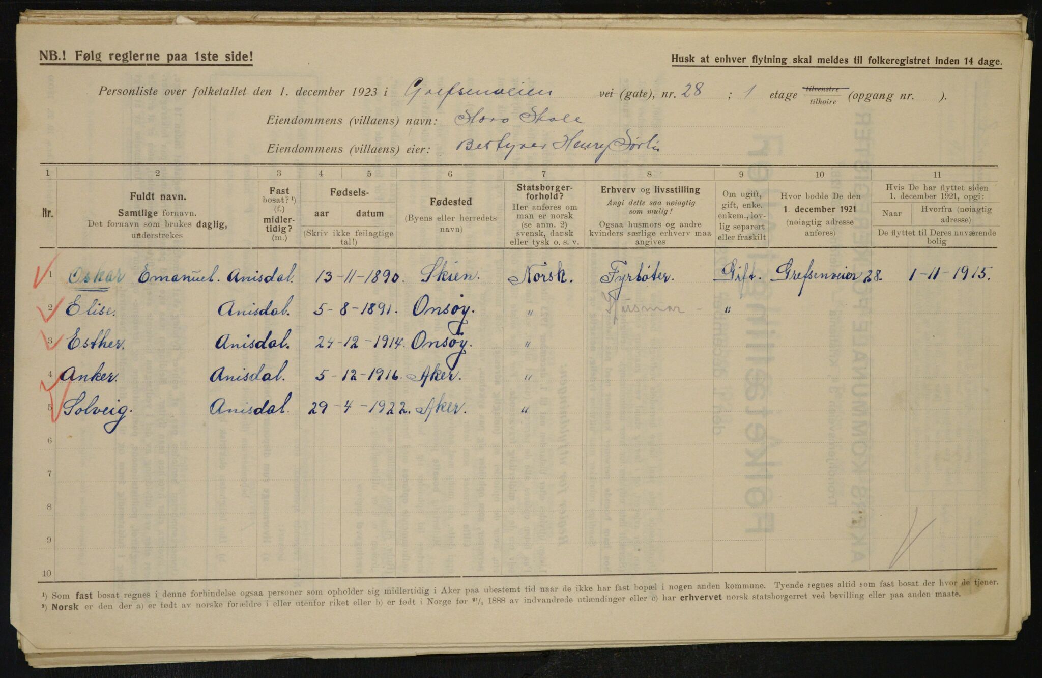 , Municipal Census 1923 for Aker, 1923, p. 10216