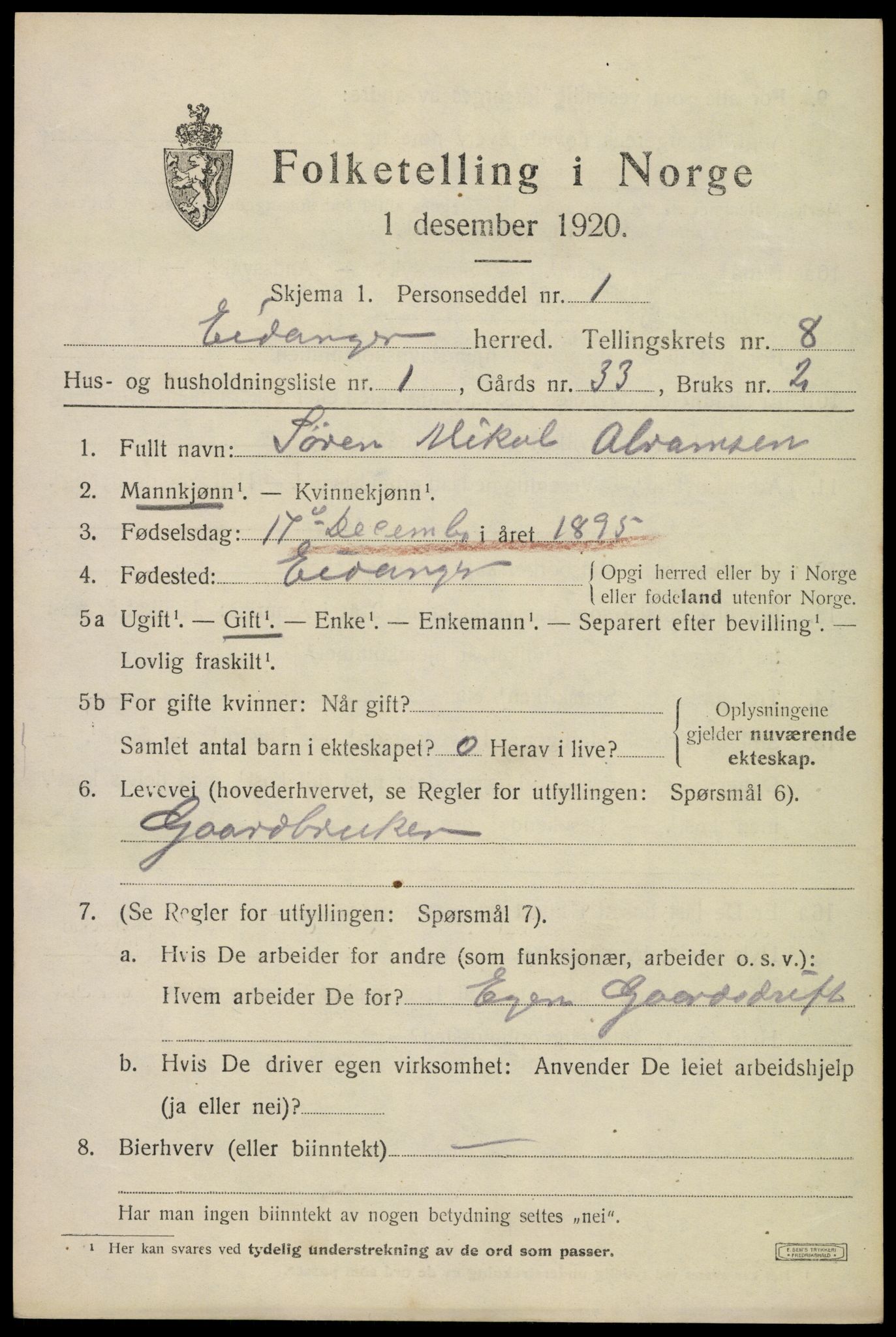 SAKO, 1920 census for Eidanger, 1920, p. 5432