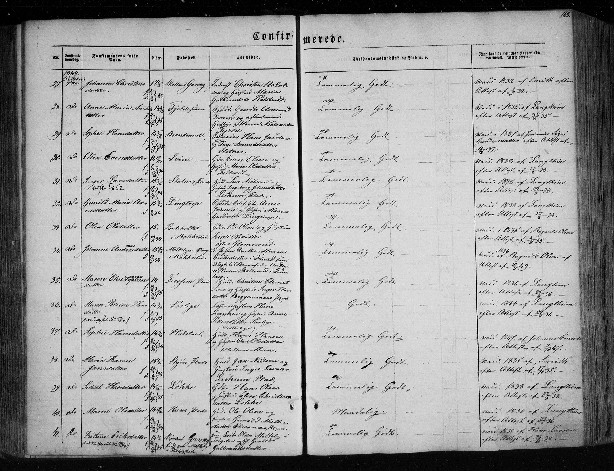 Eidsberg prestekontor Kirkebøker, AV/SAO-A-10905/F/Fa/L0009: Parish register (official) no. I 9, 1849-1856, p. 168