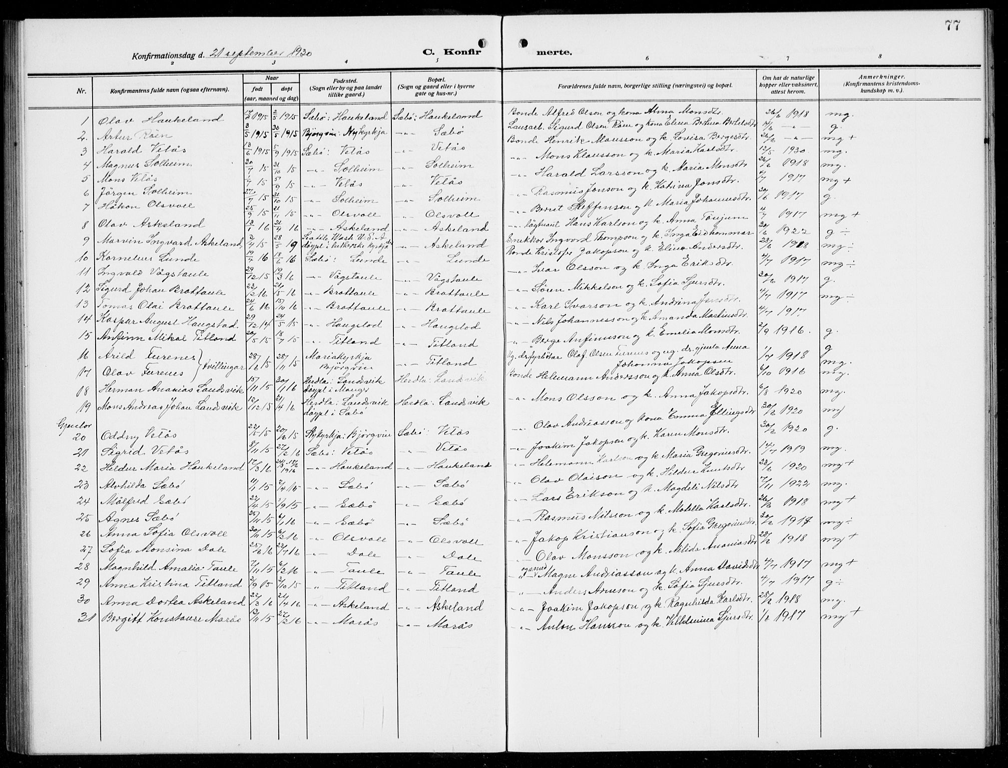 Manger sokneprestembete, AV/SAB-A-76801/H/Hab: Parish register (copy) no. D  4, 1910-1935, p. 77