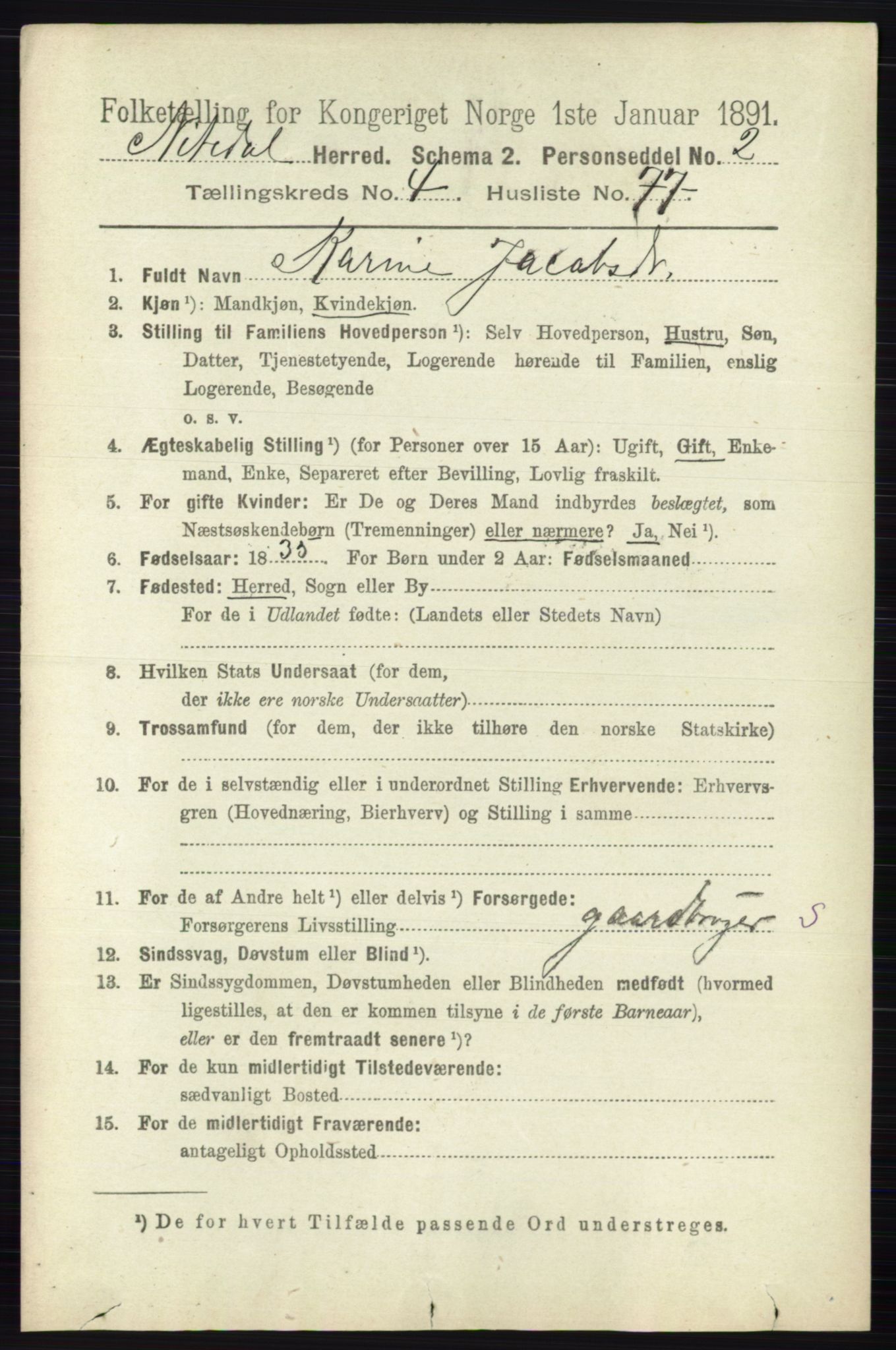 RA, 1891 census for 0233 Nittedal, 1891, p. 2108