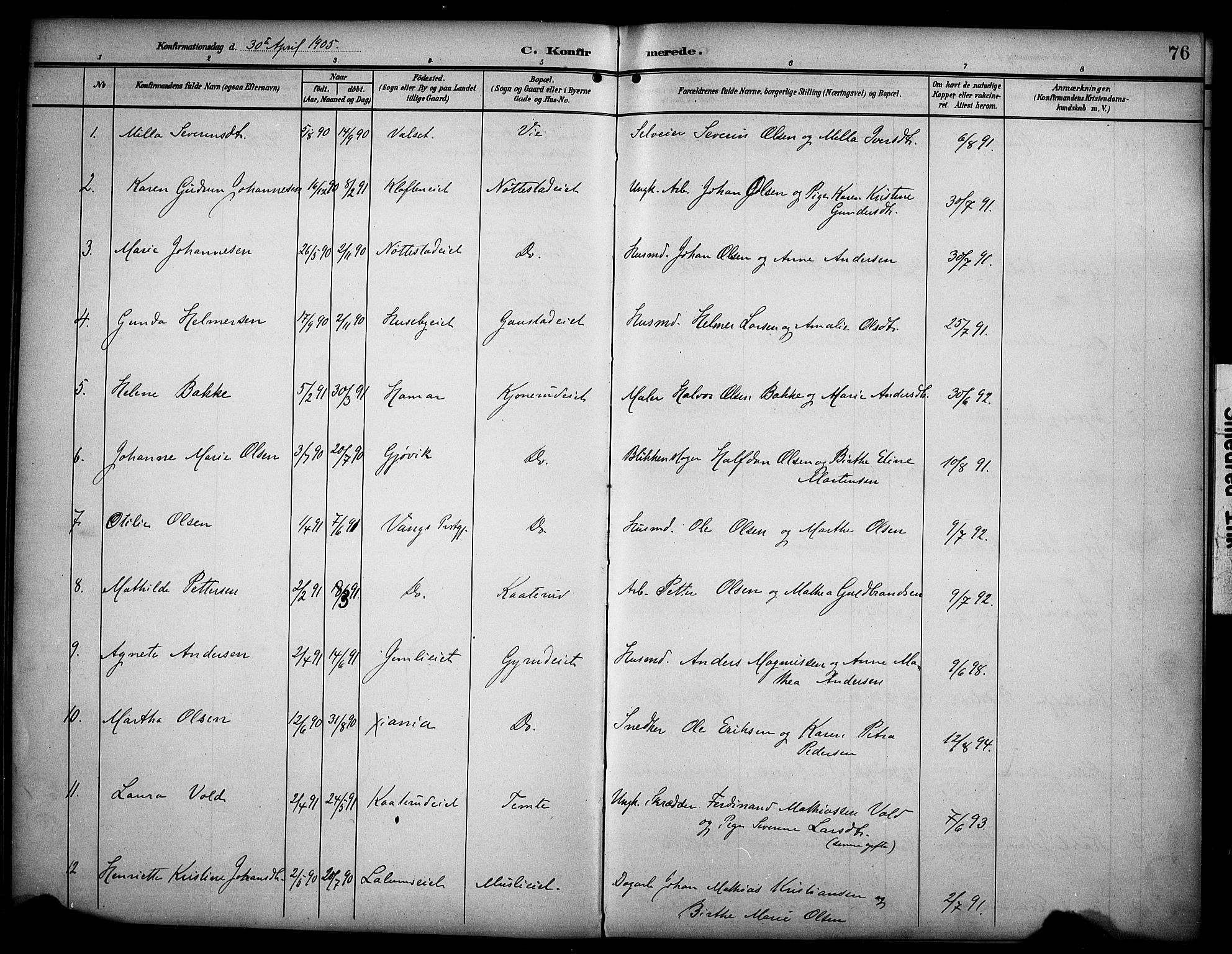 Stange prestekontor, SAH/PREST-002/K/L0022: Parish register (official) no. 22, 1903-1914, p. 76