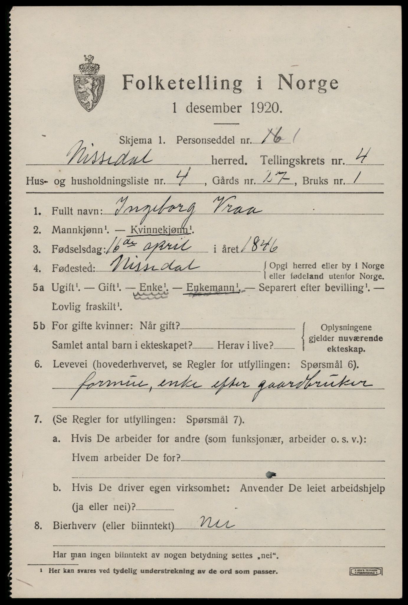 SAKO, 1920 census for Nissedal, 1920, p. 1857