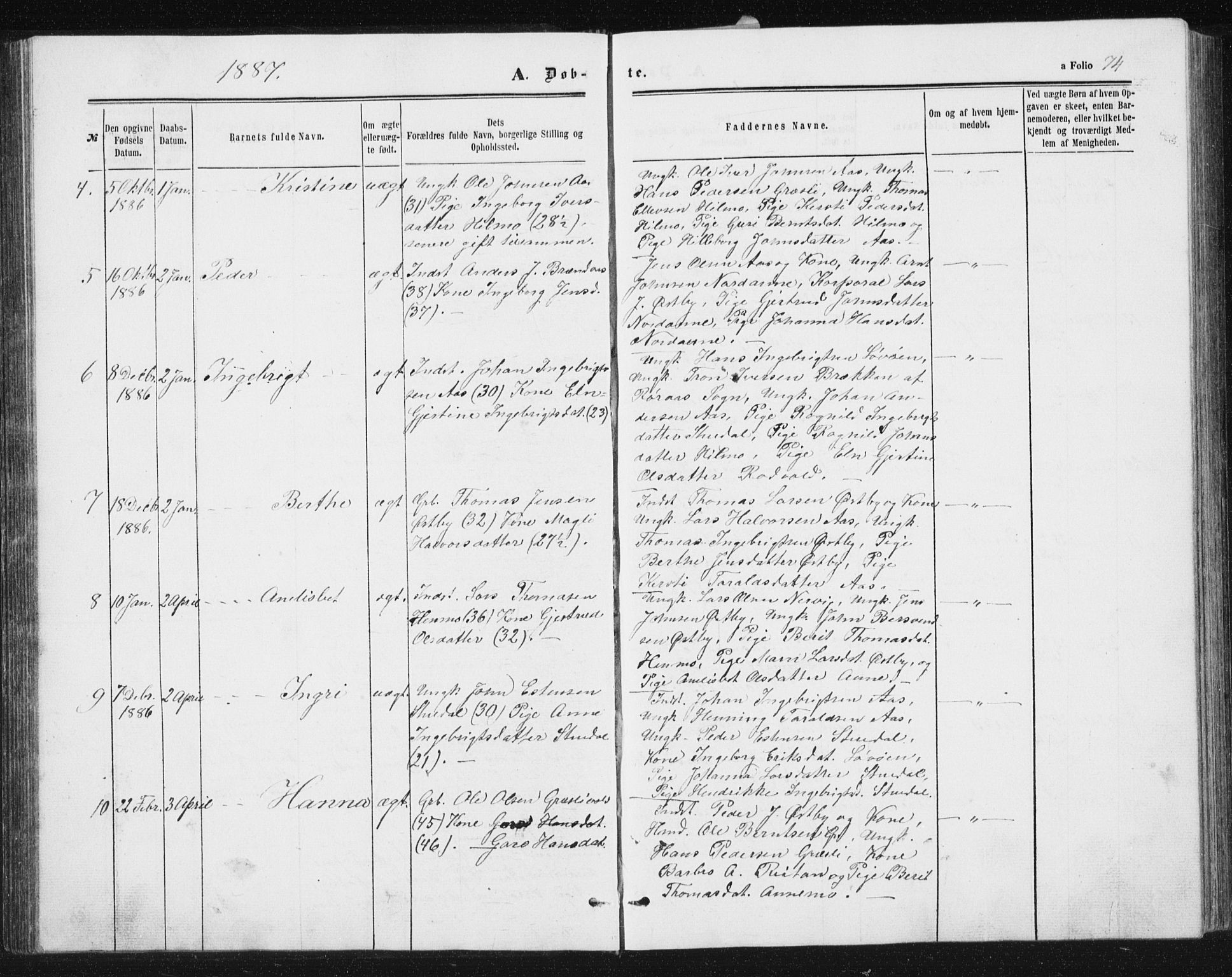 Ministerialprotokoller, klokkerbøker og fødselsregistre - Sør-Trøndelag, SAT/A-1456/698/L1166: Parish register (copy) no. 698C03, 1861-1887, p. 74