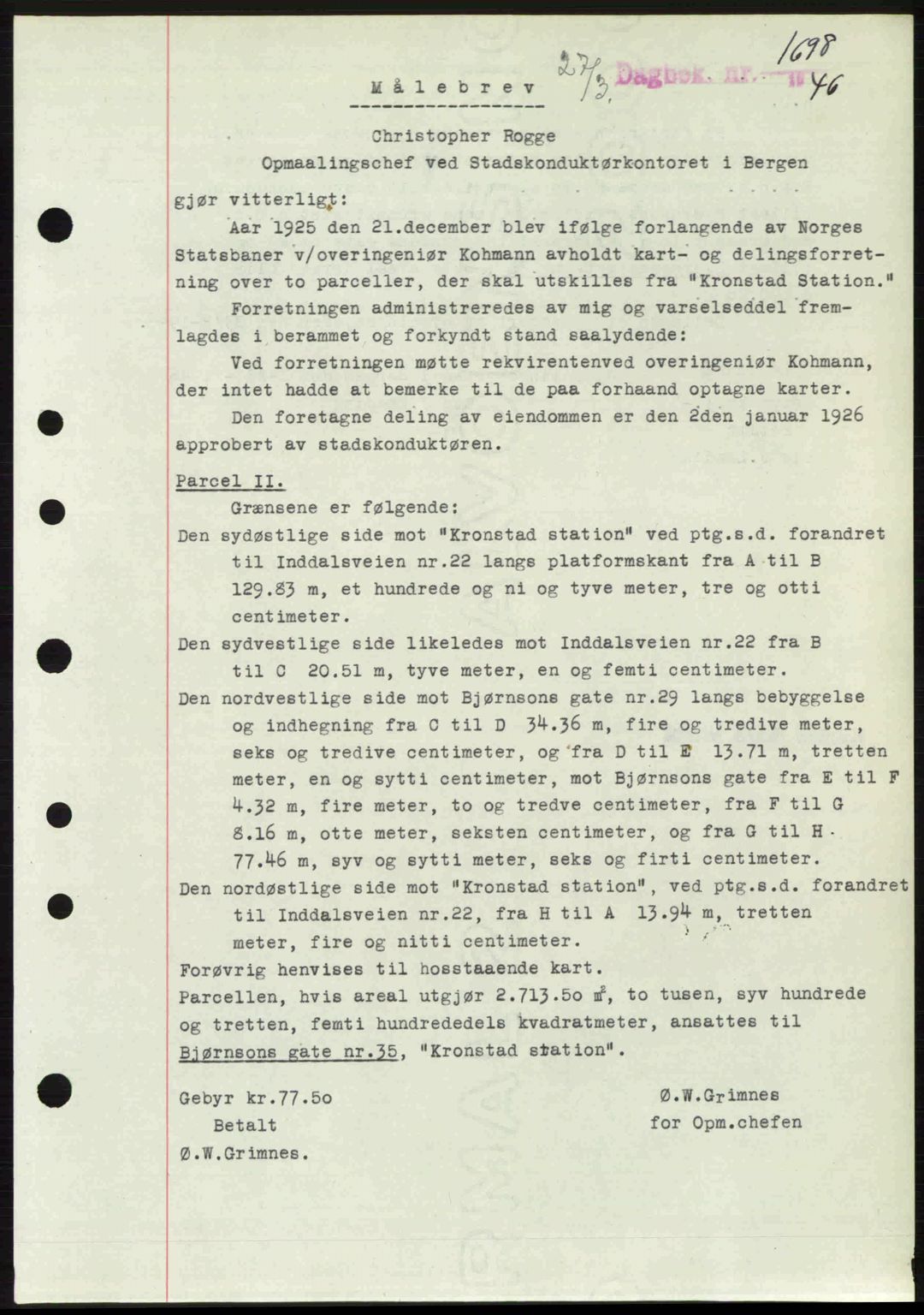Byfogd og Byskriver i Bergen, SAB/A-3401/03/03Bc/L0022: Mortgage book no. A18, 1946-1946, Diary no: : 1698/1946