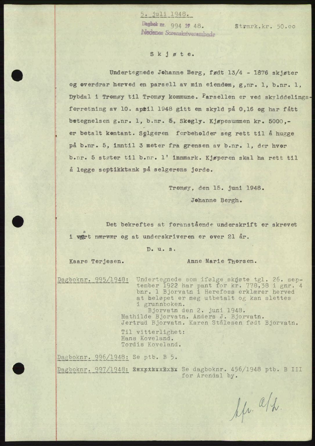 Nedenes sorenskriveri, AV/SAK-1221-0006/G/Gb/Gba/L0059: Mortgage book no. A11, 1948-1948, Diary no: : 994/1948