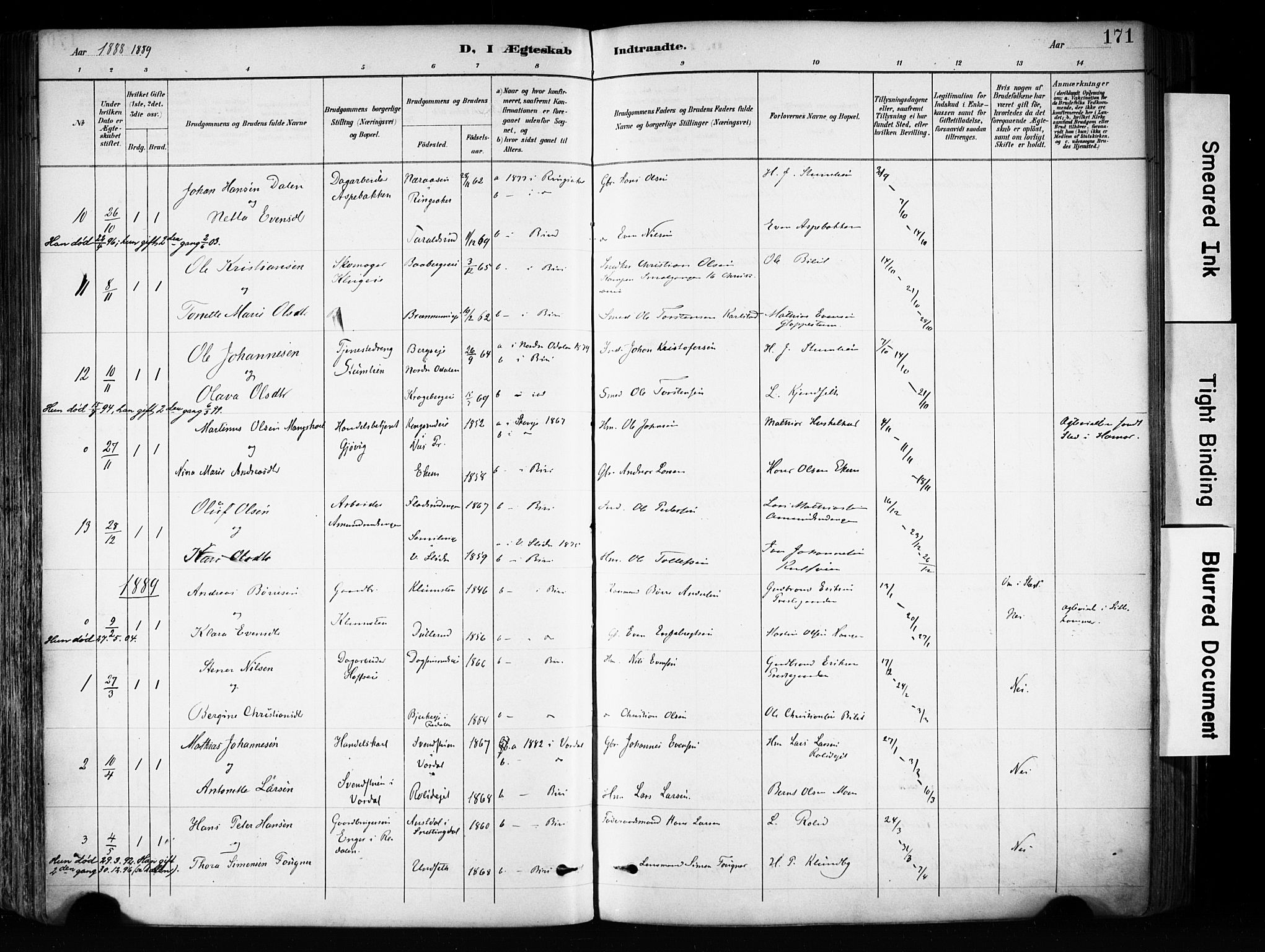 Biri prestekontor, SAH/PREST-096/H/Ha/Haa/L0009: Parish register (official) no. 9, 1887-1900, p. 171