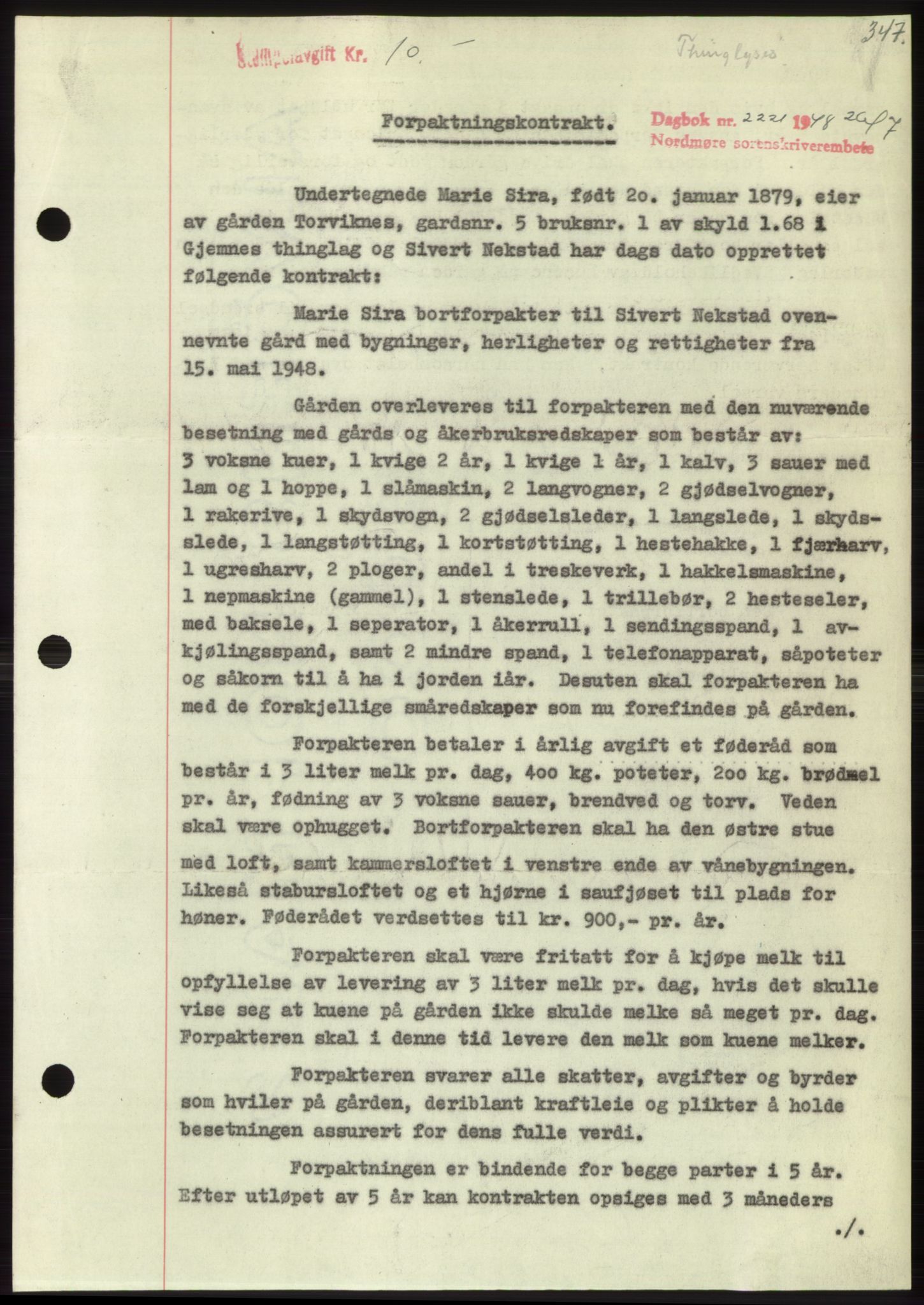 Nordmøre sorenskriveri, AV/SAT-A-4132/1/2/2Ca: Mortgage book no. B99, 1948-1948, Diary no: : 2221/1948