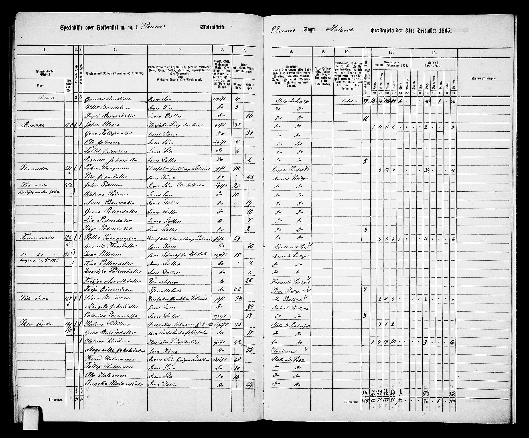 RA, 1865 census for Moland, 1865, p. 92