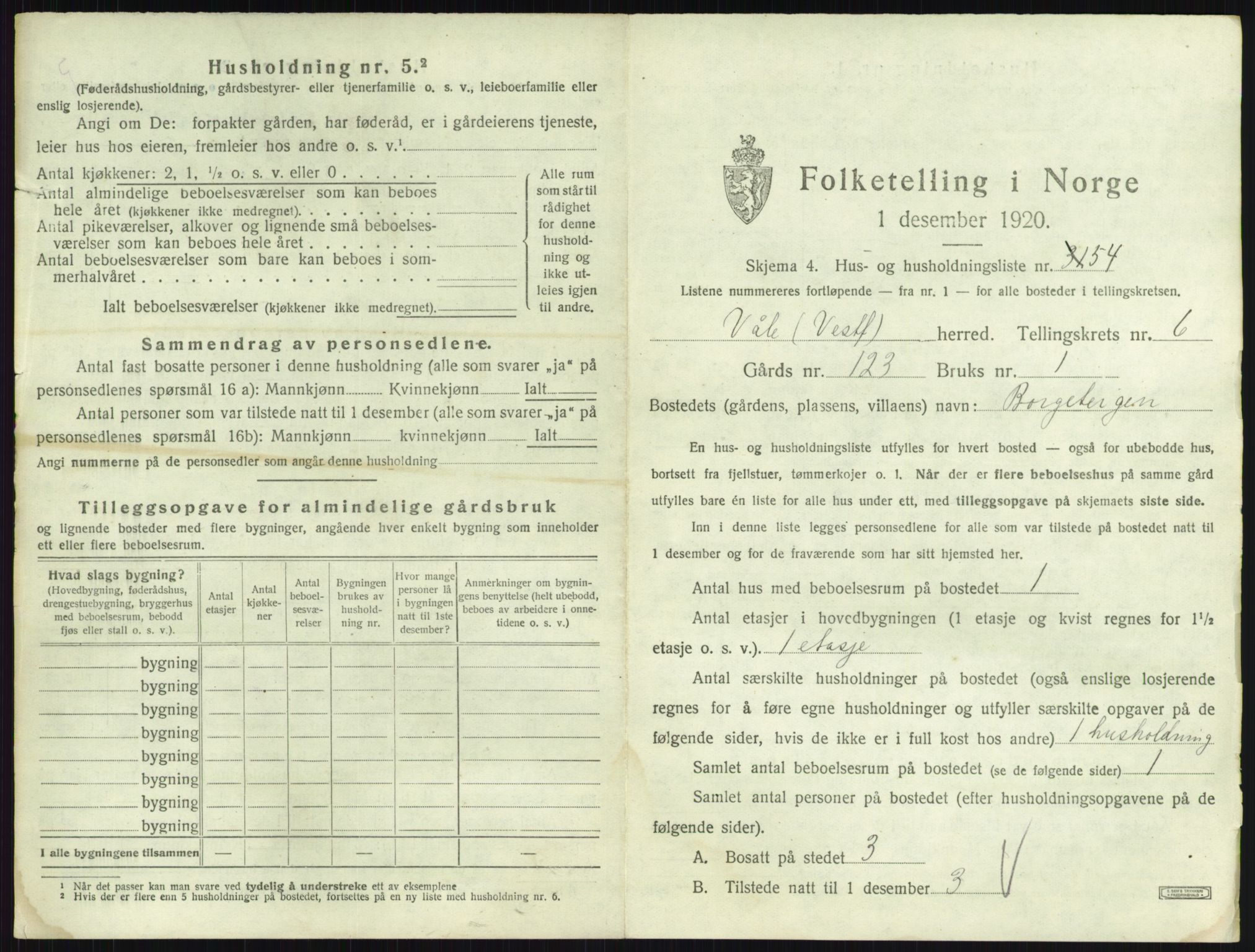 SAKO, 1920 census for Våle, 1920, p. 854