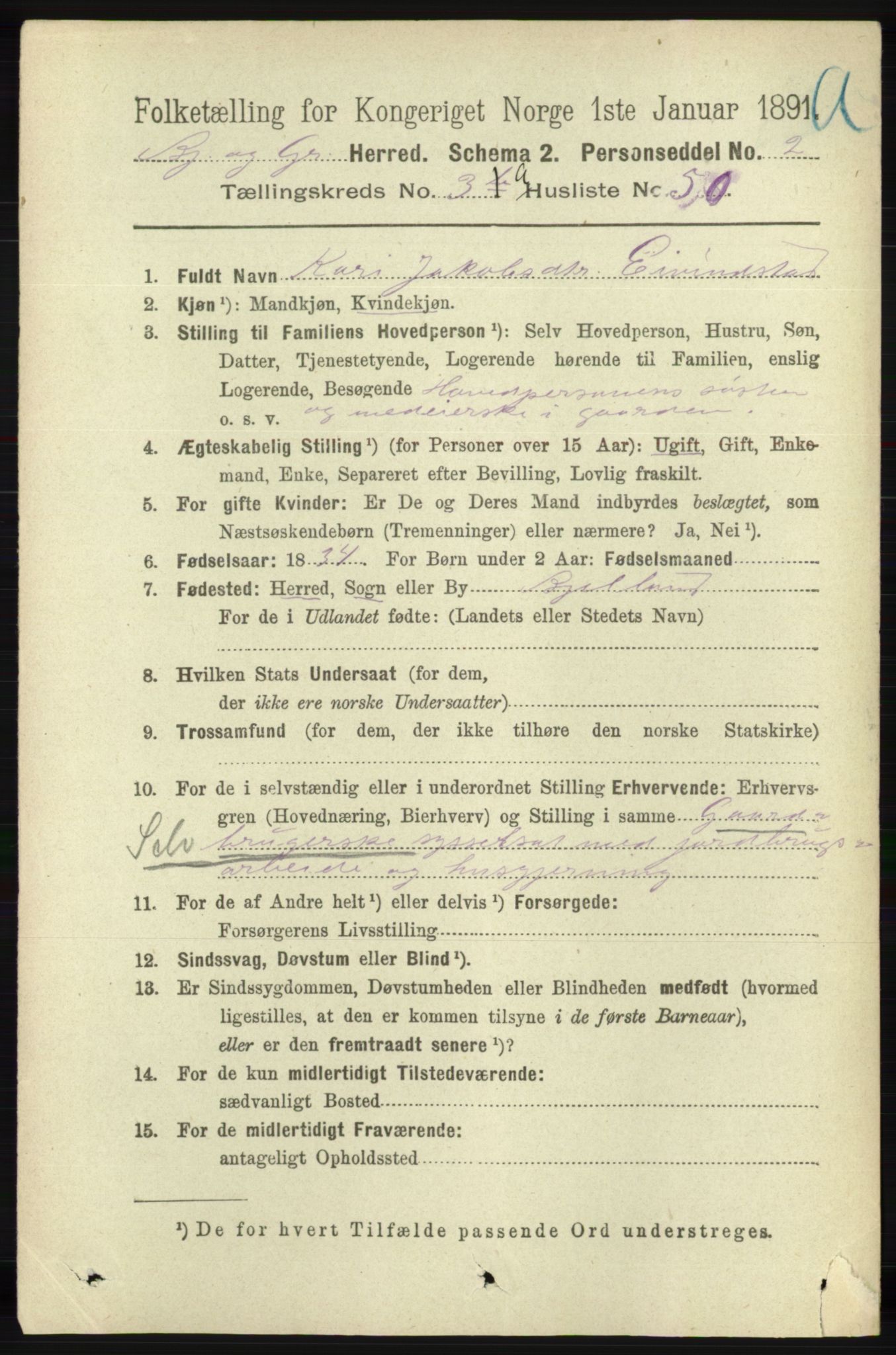 RA, 1891 census for 1024 Bjelland og Grindheim, 1891, p. 1745