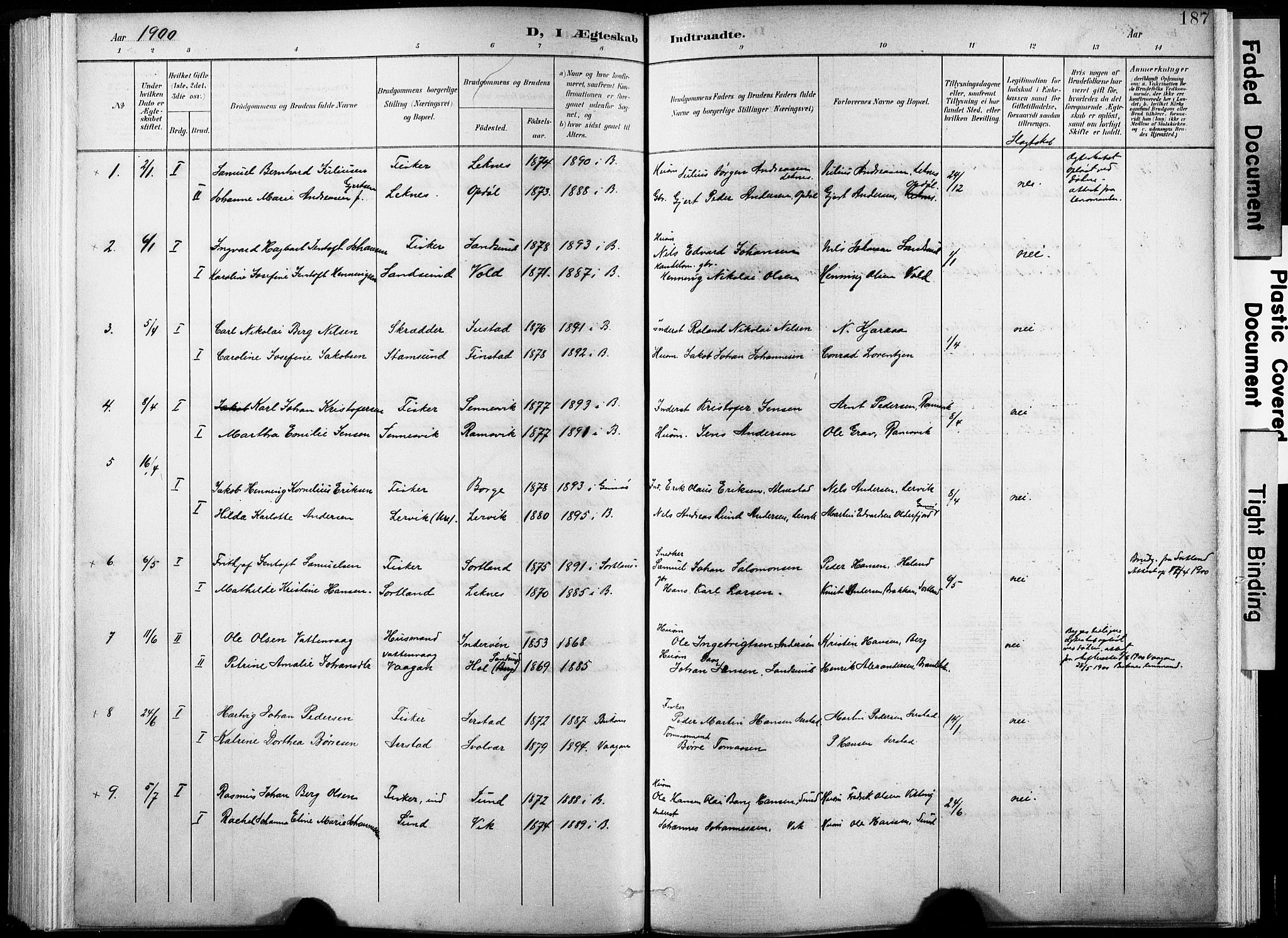 Ministerialprotokoller, klokkerbøker og fødselsregistre - Nordland, AV/SAT-A-1459/881/L1151: Parish register (official) no. 881A04, 1899-1907, p. 187