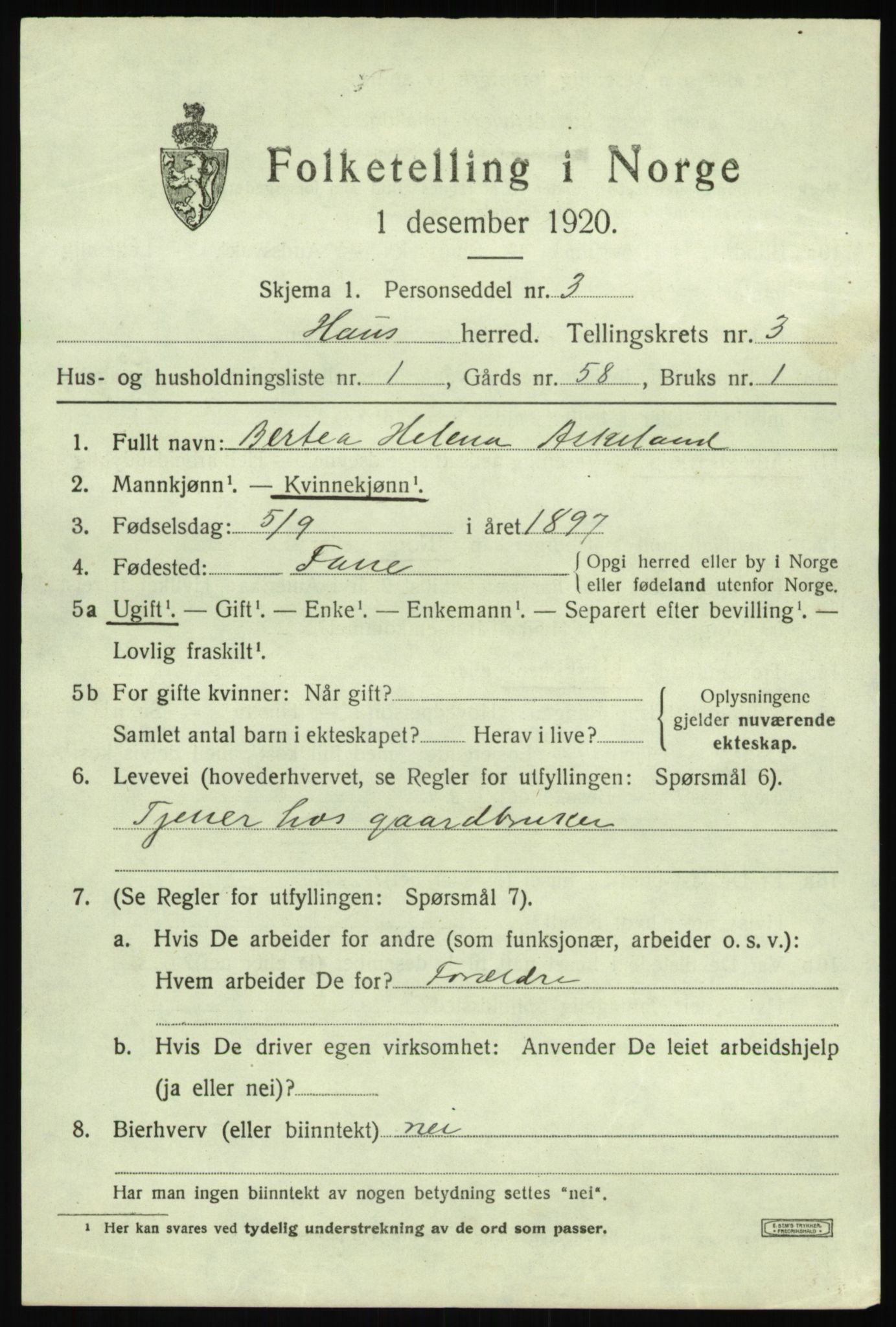 SAB, 1920 census for Haus, 1920, p. 2503