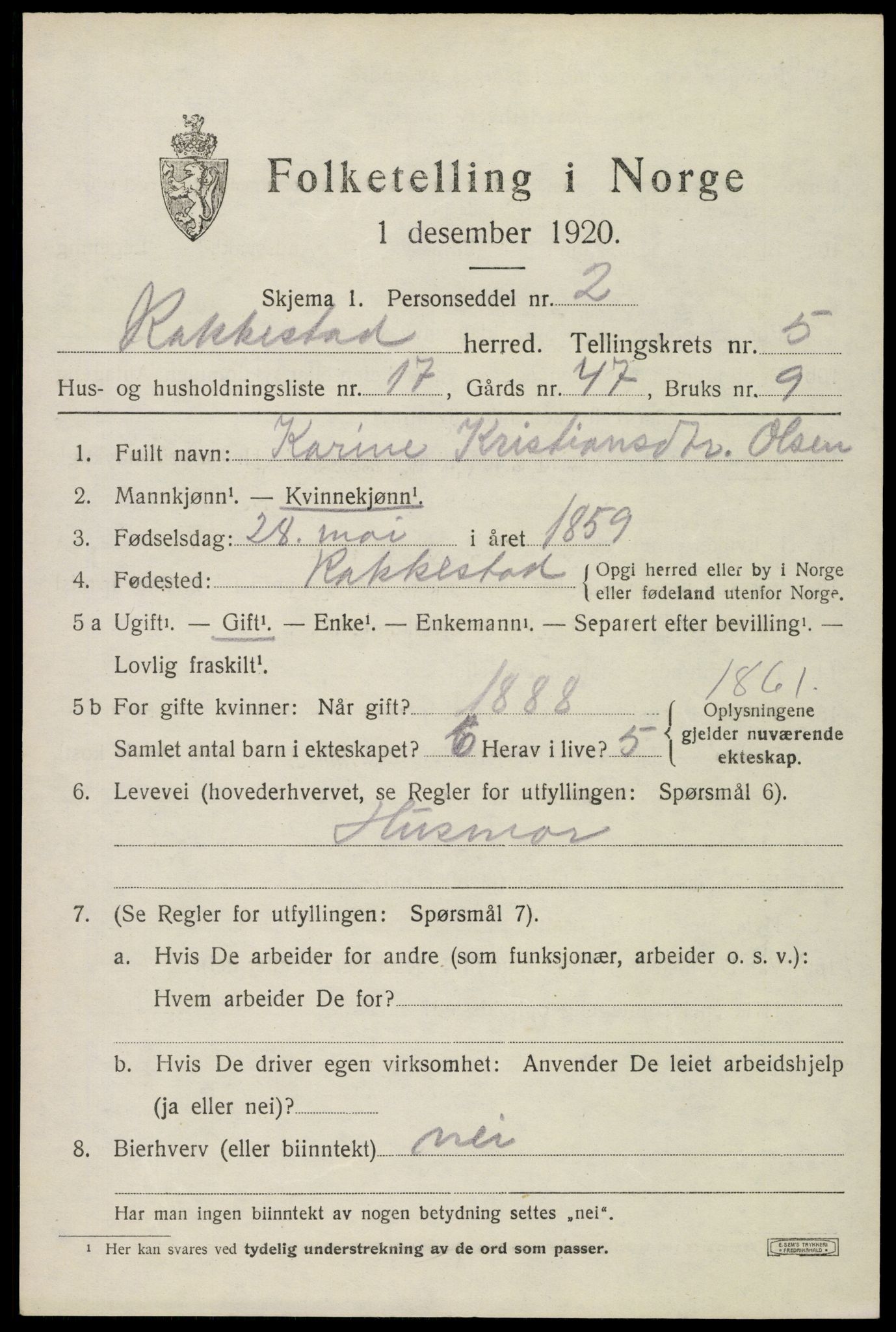 SAO, 1920 census for Rakkestad, 1920, p. 6145