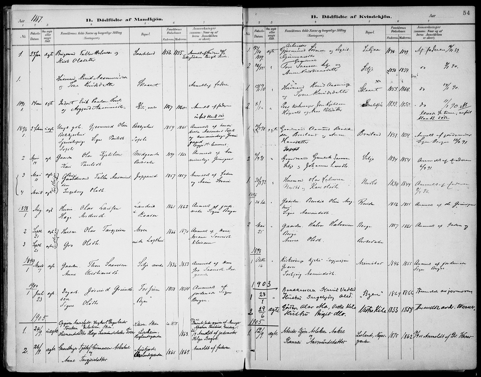 Fyresdal kirkebøker, SAKO/A-263/F/Fa/L0007: Parish register (official) no. I 7, 1887-1914, p. 54
