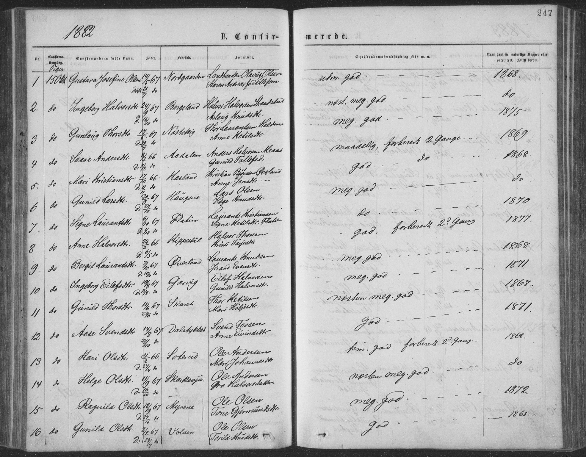 Seljord kirkebøker, SAKO/A-20/F/Fa/L0014: Parish register (official) no. I 14, 1877-1886, p. 247