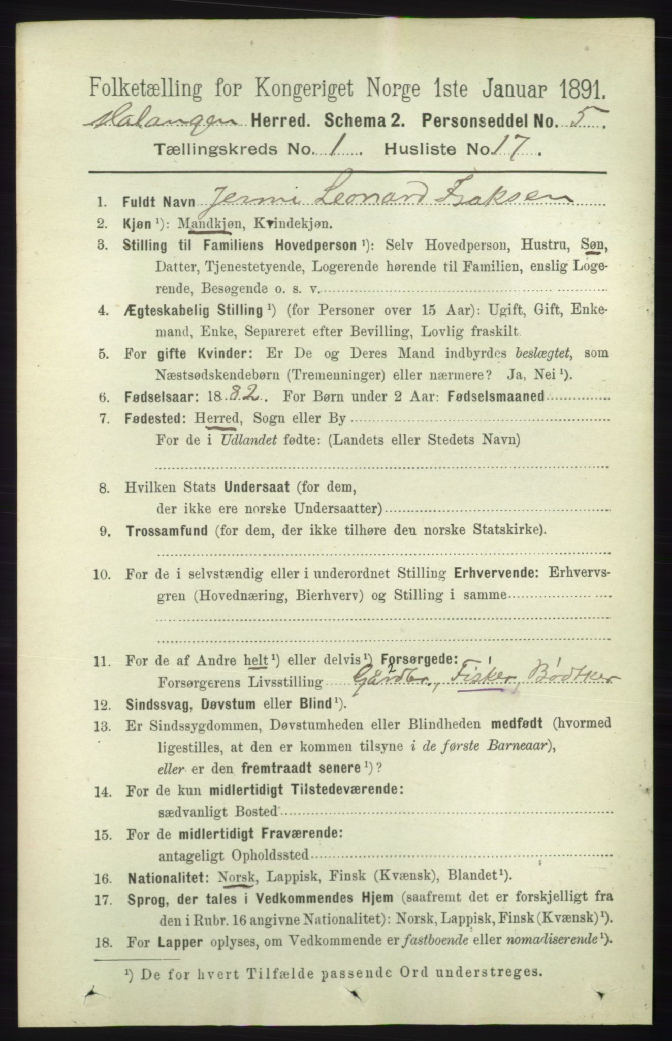 RA, 1891 census for 1932 Malangen, 1891, p. 216