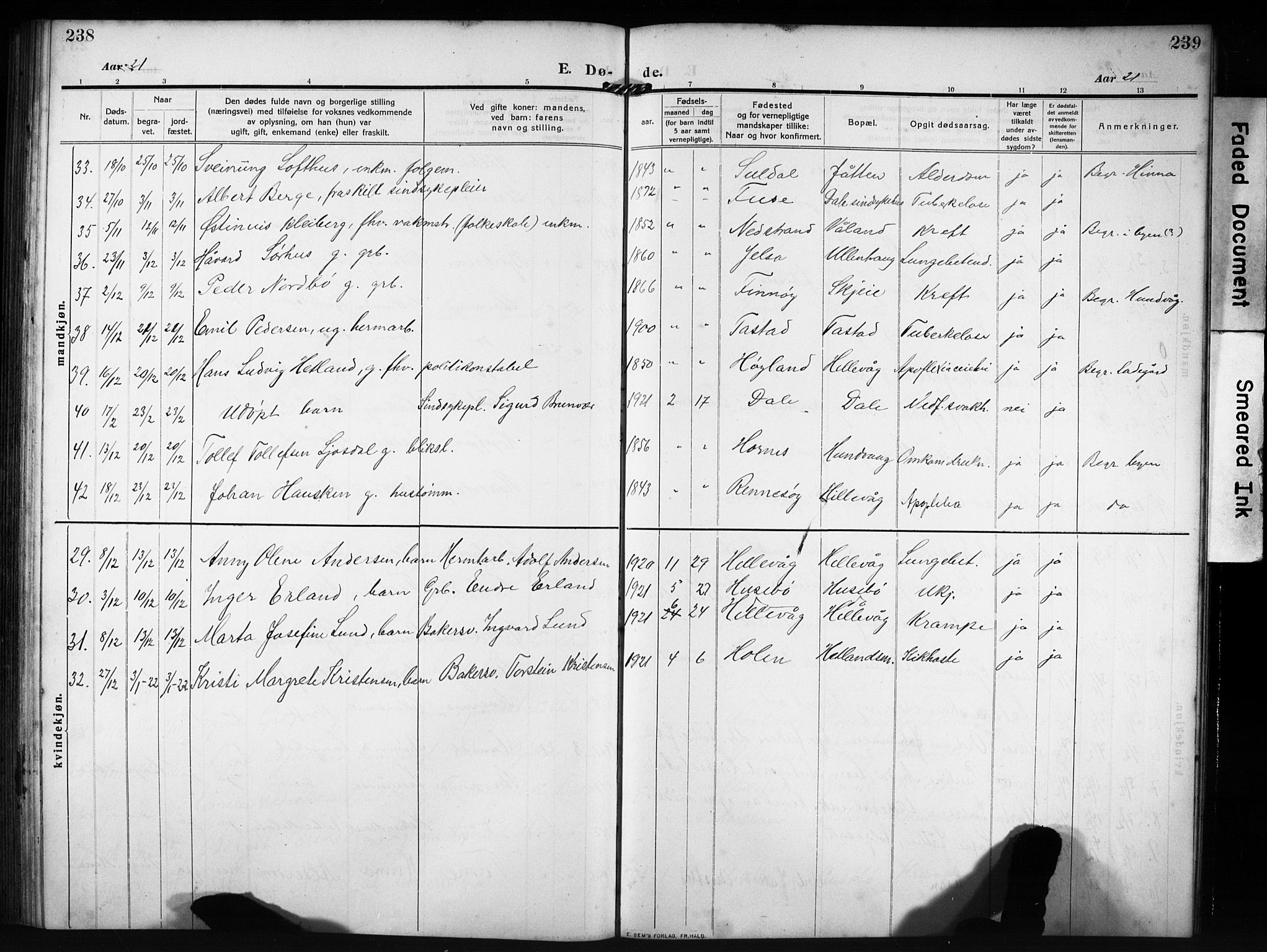 Hetland sokneprestkontor, SAST/A-101826/30/30BB/L0009: Parish register (copy) no. B 9, 1910-1931, p. 238-239