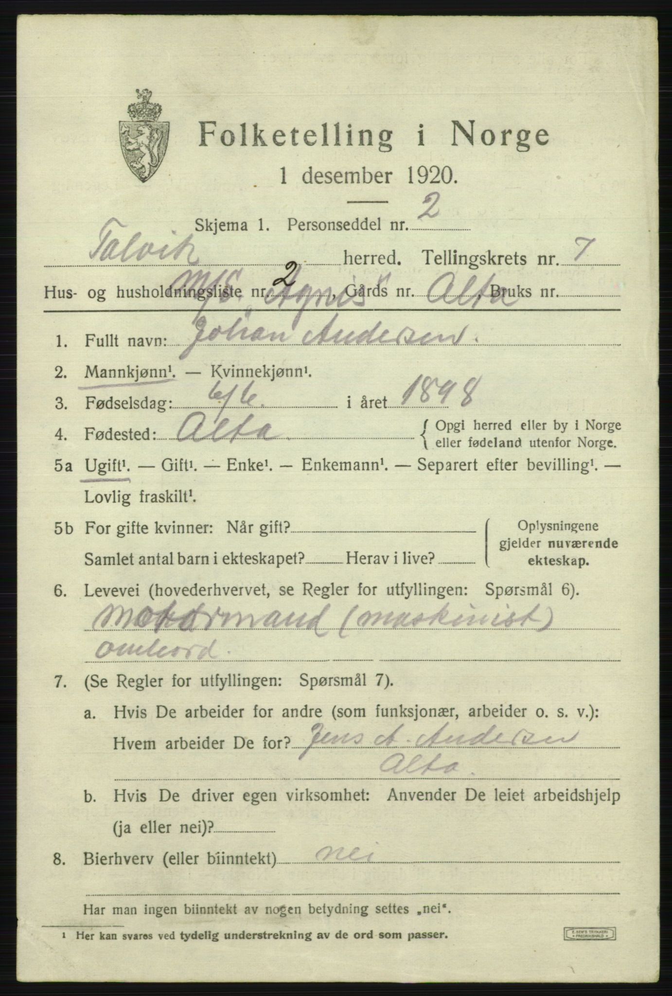 SATØ, 1920 census for Talvik, 1920, p. 4058