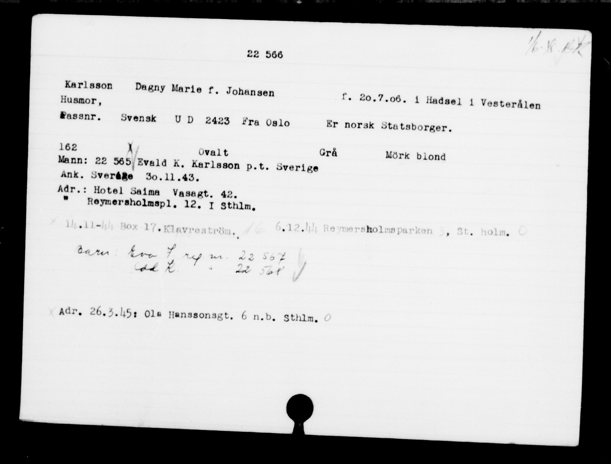 Den Kgl. Norske Legasjons Flyktningskontor, AV/RA-S-6753/V/Va/L0010: Kjesäterkartoteket.  Flyktningenr. 22000-25314, 1940-1945, p. 622