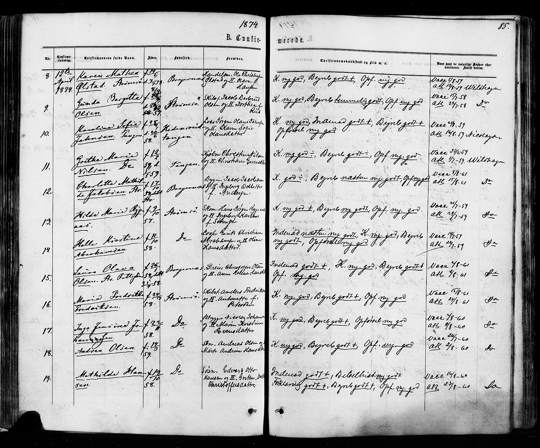 Strømsø kirkebøker, AV/SAKO-A-246/F/Fa/L0018: Parish register (official) no. I 18, 1865-1878, p. 85