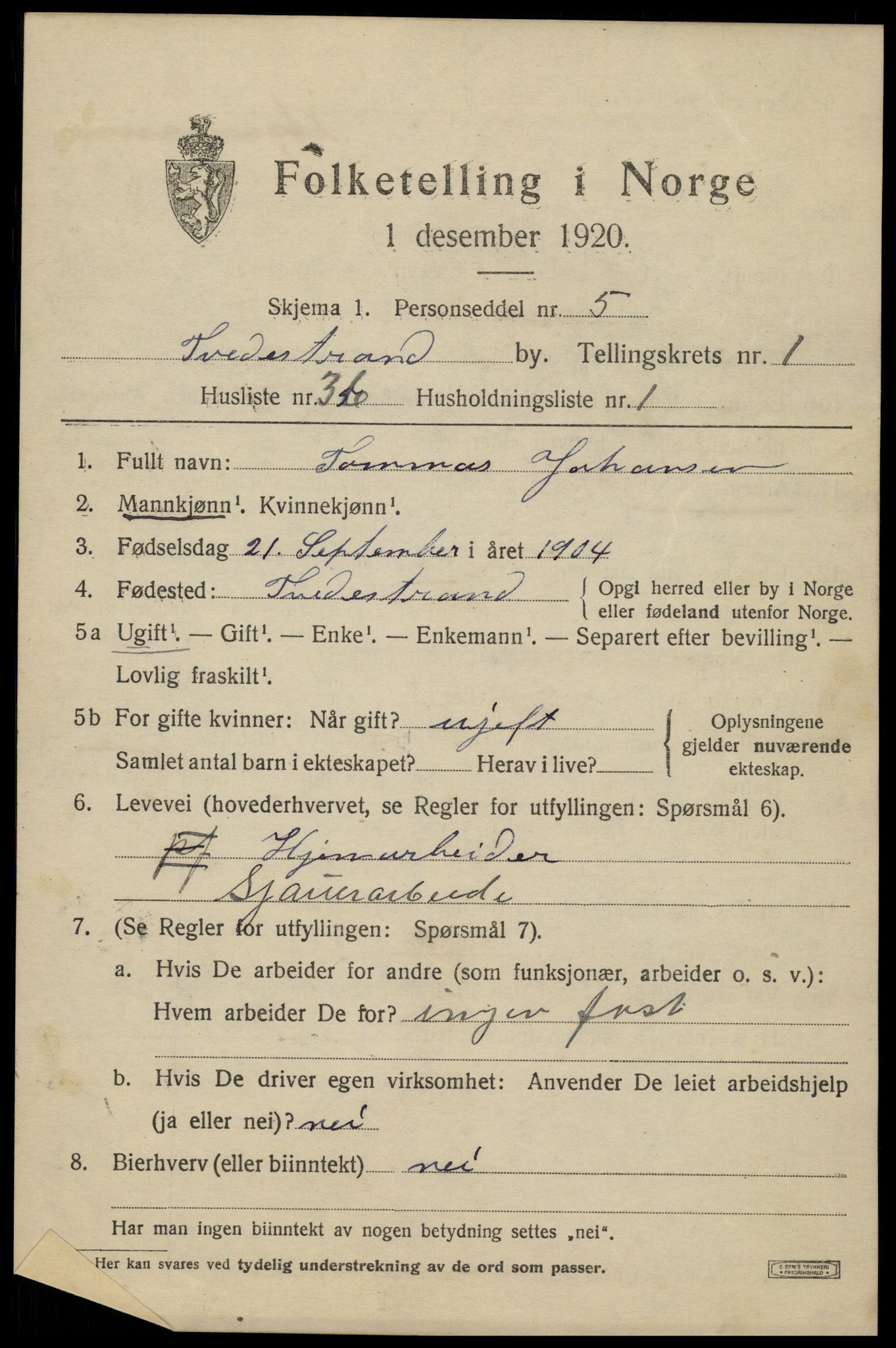 SAK, 1920 census for Tvedestrand, 1920, p. 1689