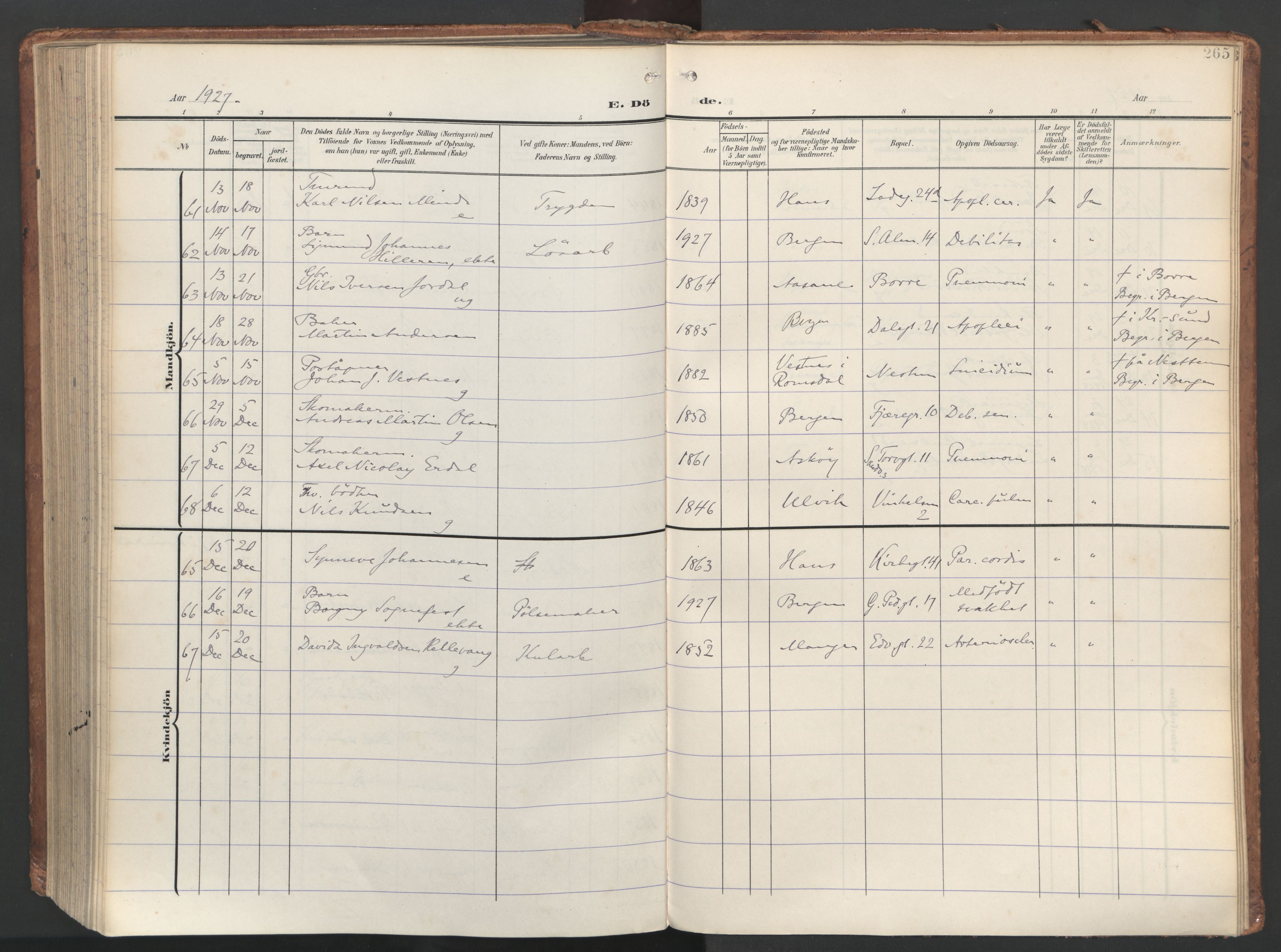 Sandviken Sokneprestembete, AV/SAB-A-77601/H/Ha/L0019: Parish register (official) no. E 2, 1905-1933, p. 265