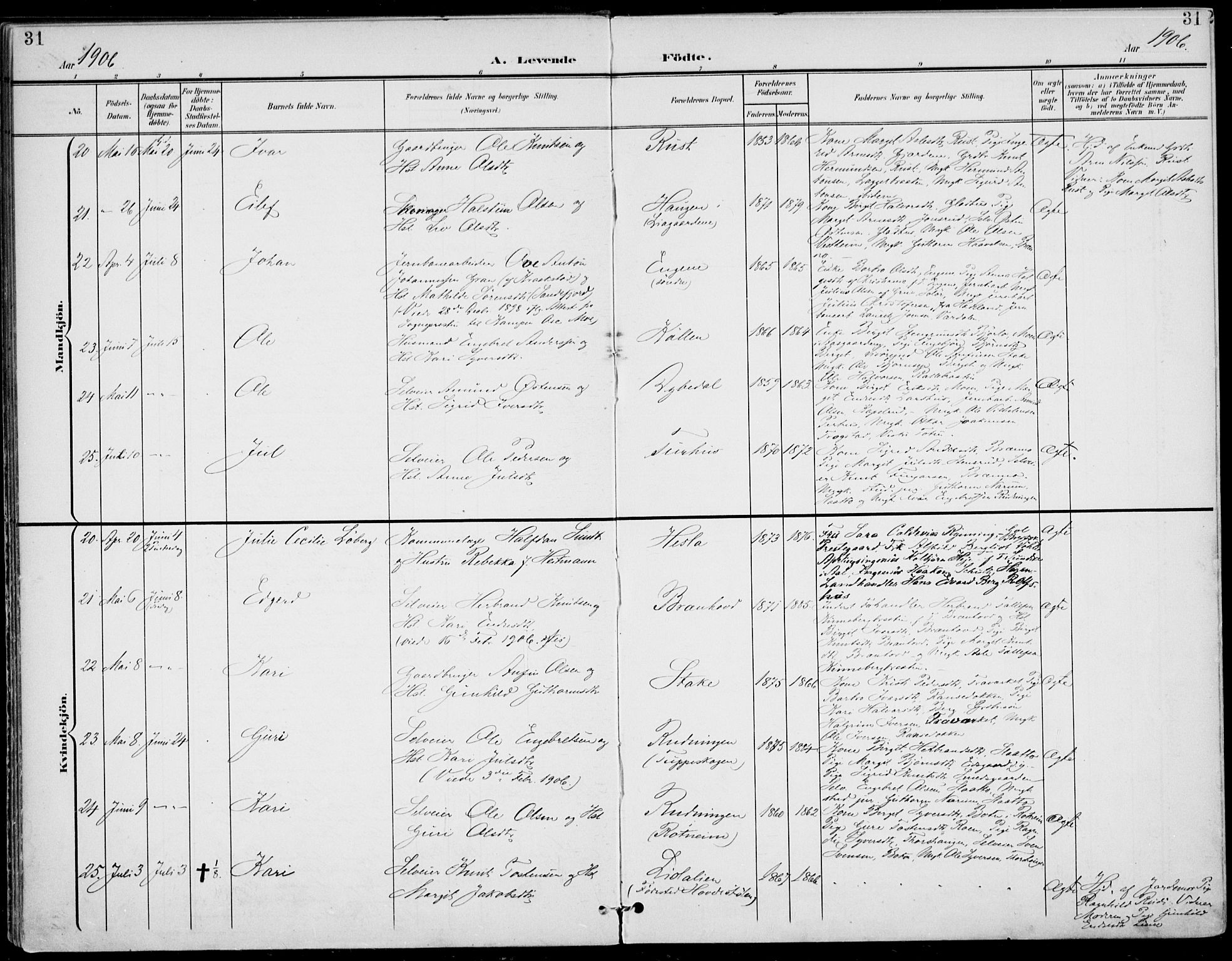 Gol kirkebøker, SAKO/A-226/F/Fa/L0006: Parish register (official) no. I 6, 1901-1918, p. 31