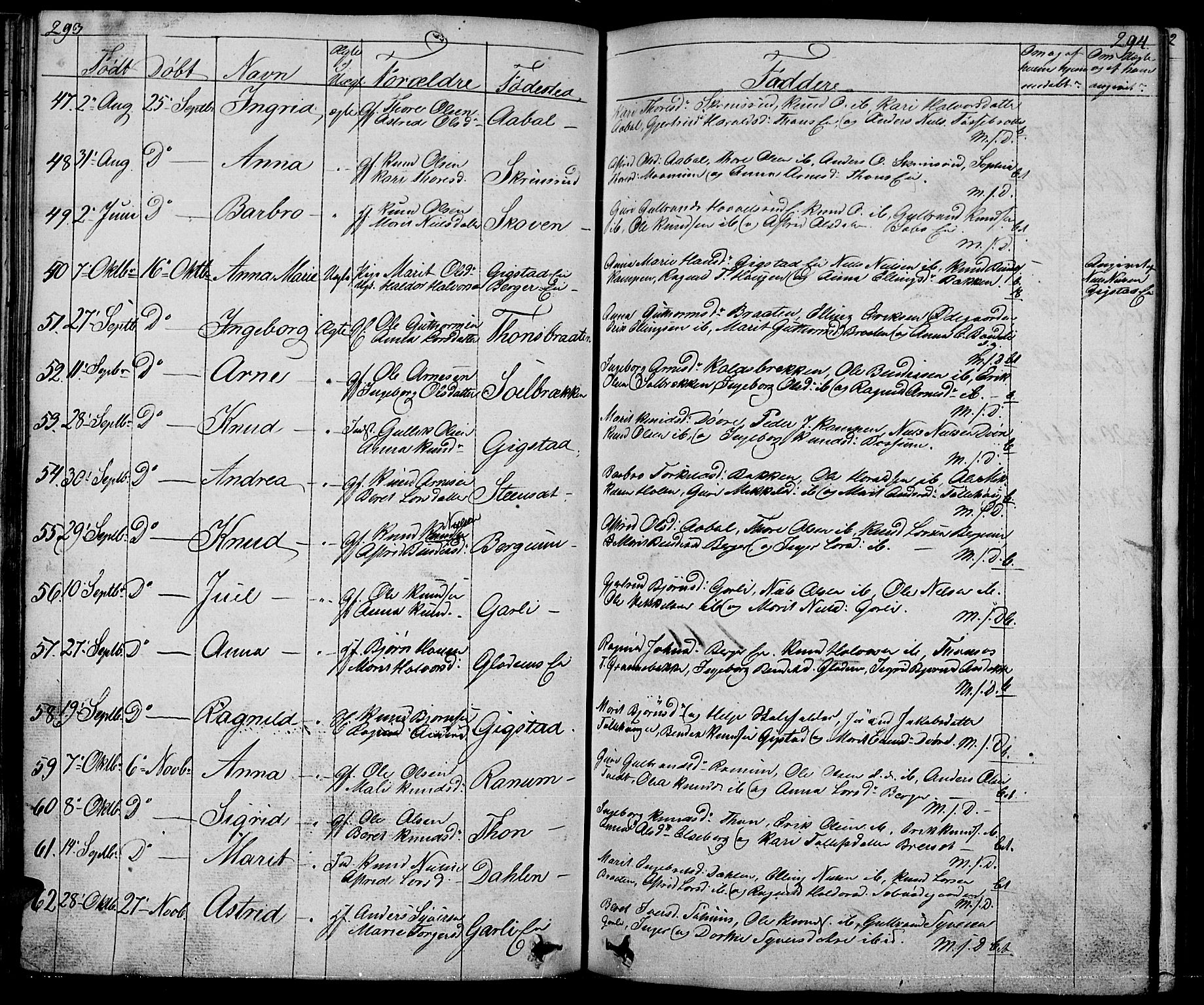 Nord-Aurdal prestekontor, AV/SAH-PREST-132/H/Ha/Hab/L0001: Parish register (copy) no. 1, 1834-1887, p. 293-294