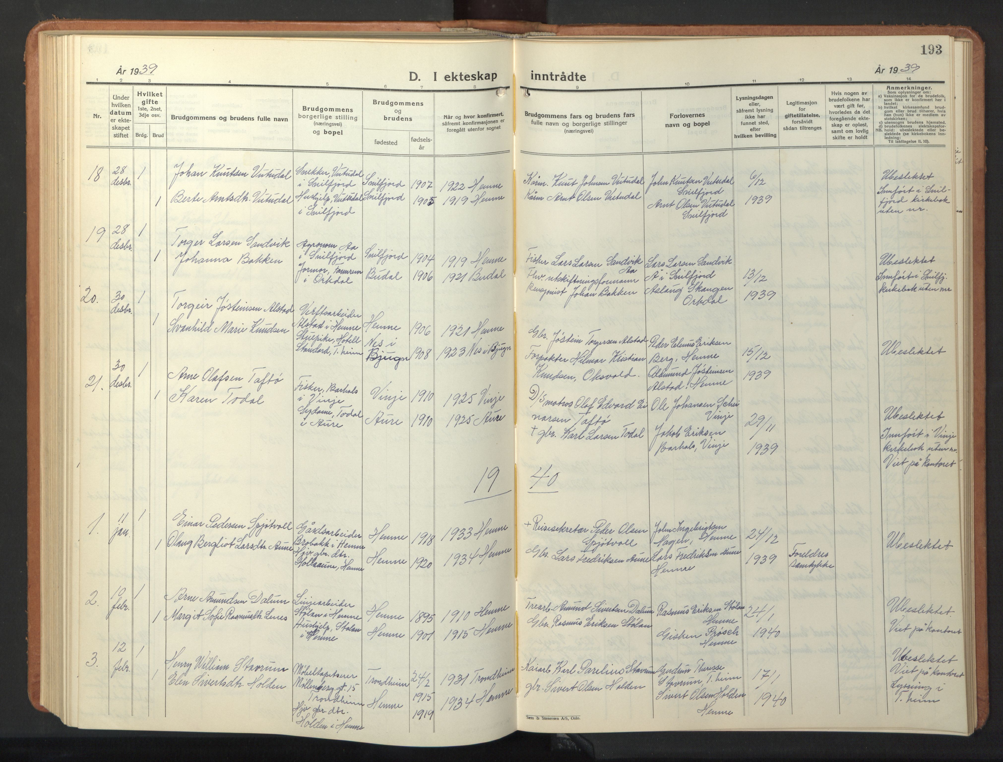 Ministerialprotokoller, klokkerbøker og fødselsregistre - Sør-Trøndelag, SAT/A-1456/630/L0508: Parish register (copy) no. 630C06, 1933-1950, p. 193