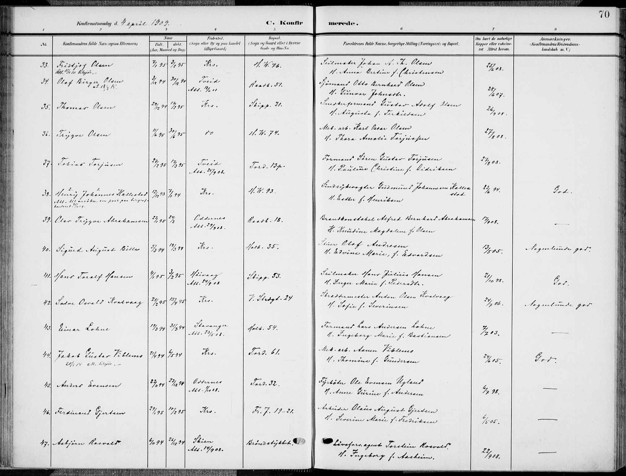 Kristiansand domprosti, AV/SAK-1112-0006/F/Fa/L0022: Parish register (official) no. A 21, 1905-1916, p. 70